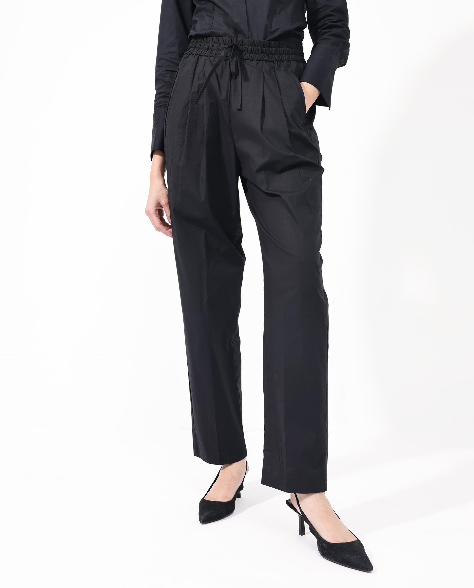 Rareism Women's Juven Black Cotton Plain Ankle Length Tapered Trouser