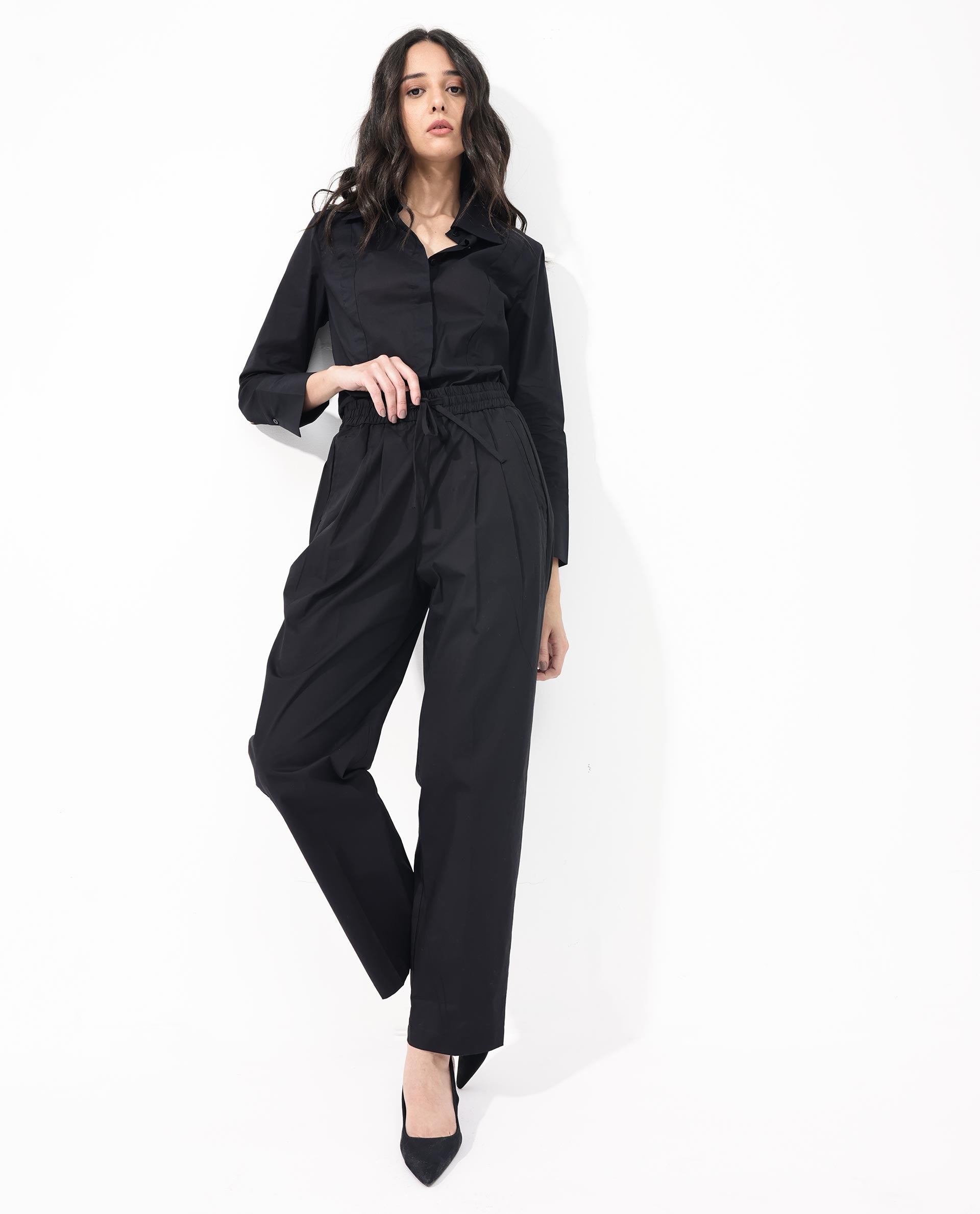 Rareism Women's Juven Black Cotton Plain Ankle Length Tapered Trouser