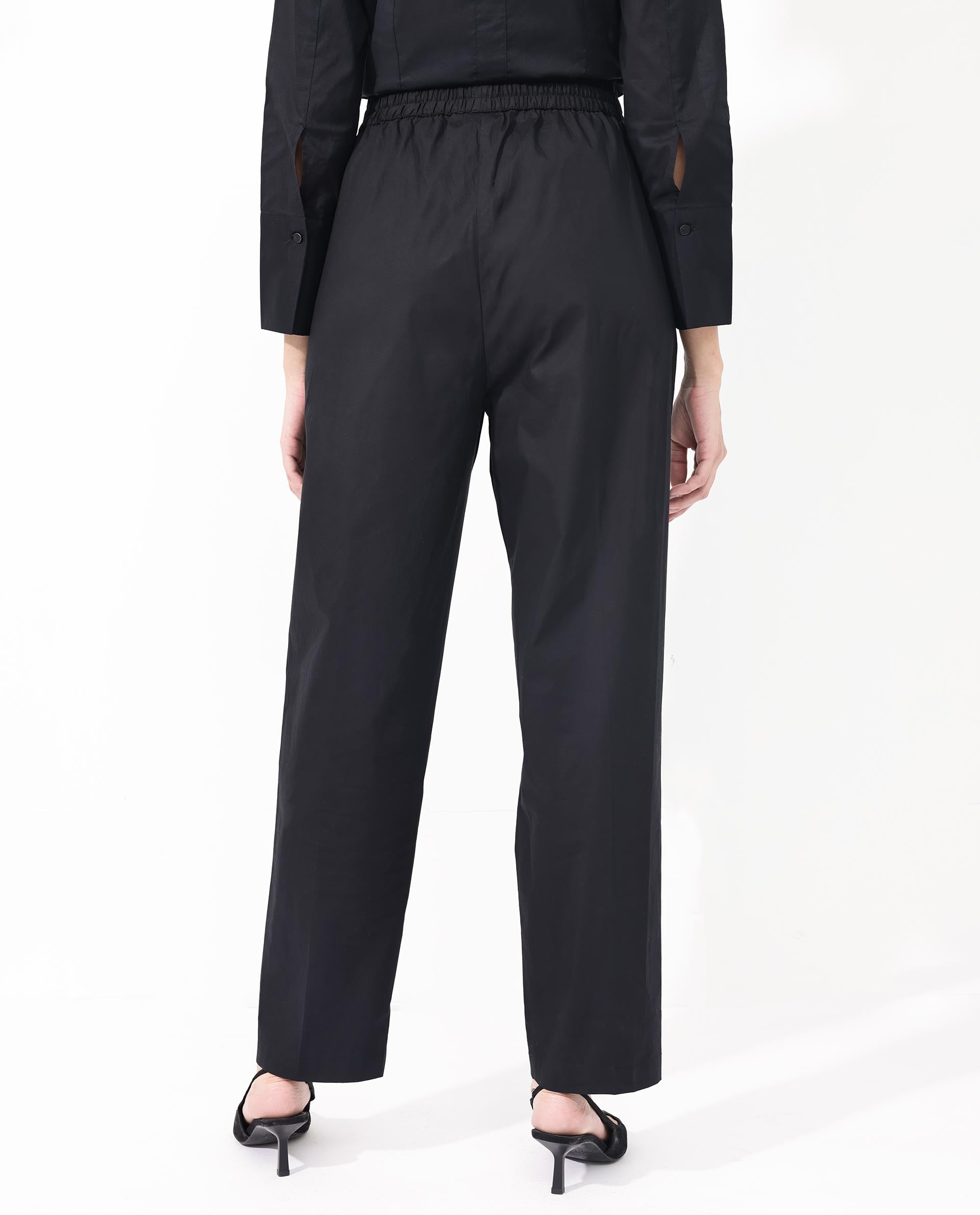 Rareism Women's Juven Black Cotton Plain Ankle Length Tapered Trouser