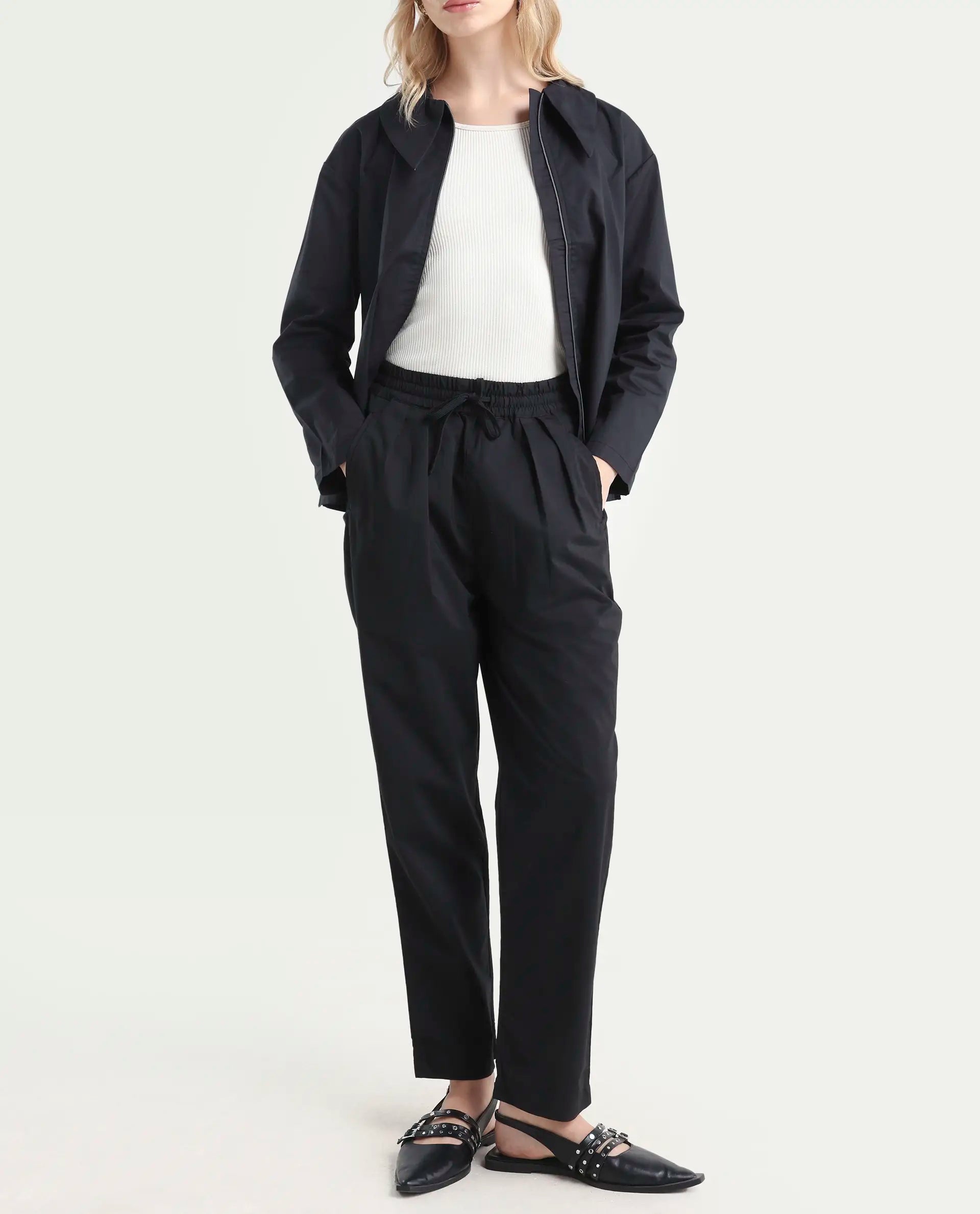 Rareism Women's Juven Black Polyester Blend Plain Ankle Length Tapered Trouser