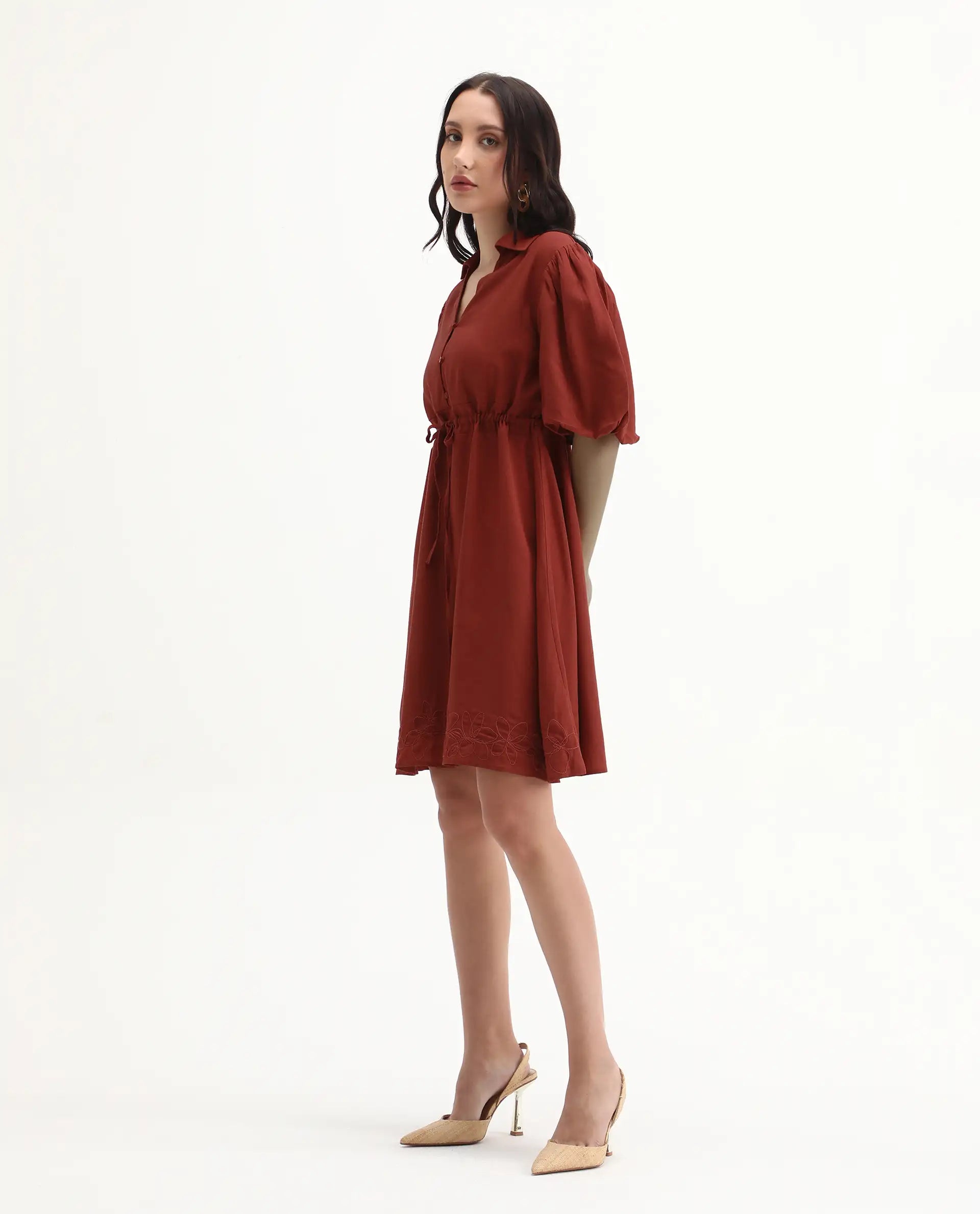 Rareism Women's Juvix Rust Viscose Blend Jonny Collar Fit And Flare Plain Dress