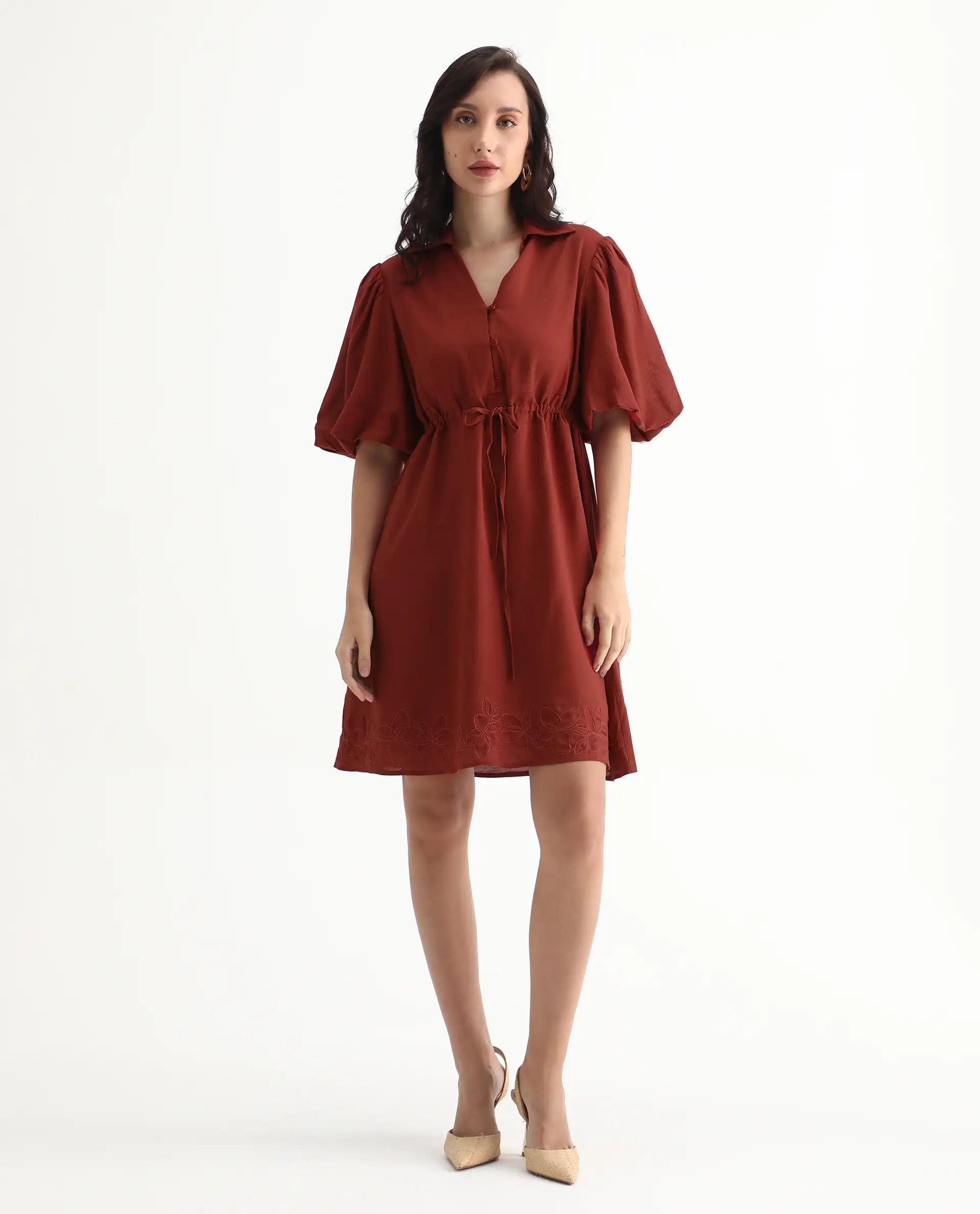 Rareism Women's Juvix Rust Viscose Blend Jonny Collar Fit And Flare Plain Dress