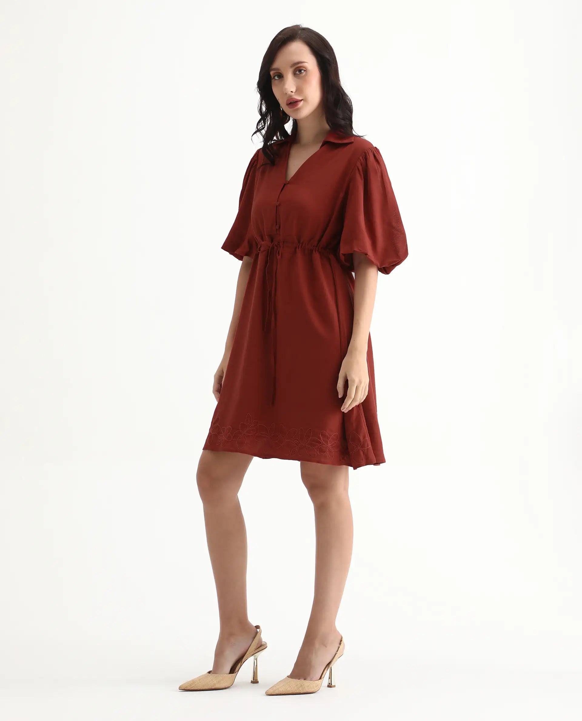 Rareism Women's Juvix Rust Viscose Blend Jonny Collar Fit And Flare Plain Dress