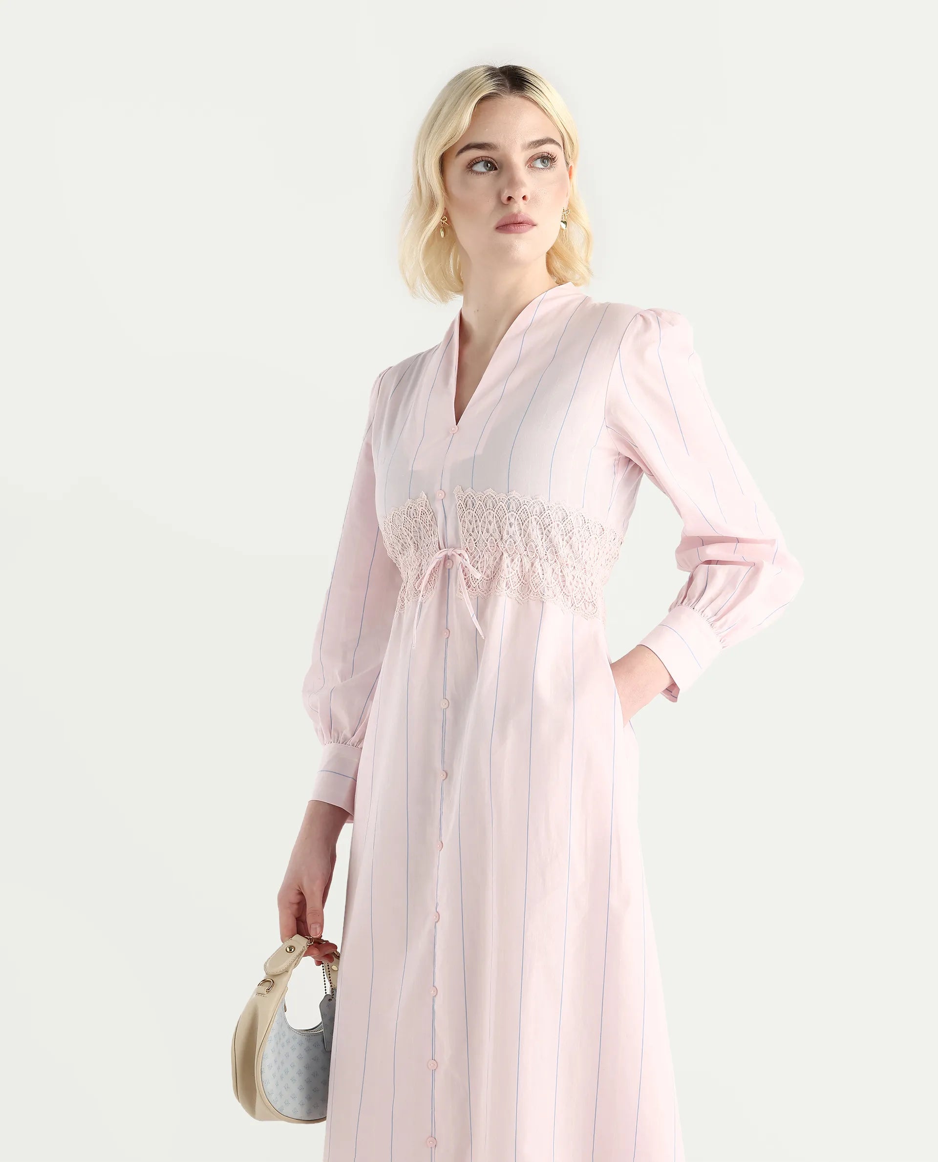 Rareism Women Juvo Pastel Pink Cotton Cuffed Sleeve Built-Up Collar A-Line Midi Striped Dress