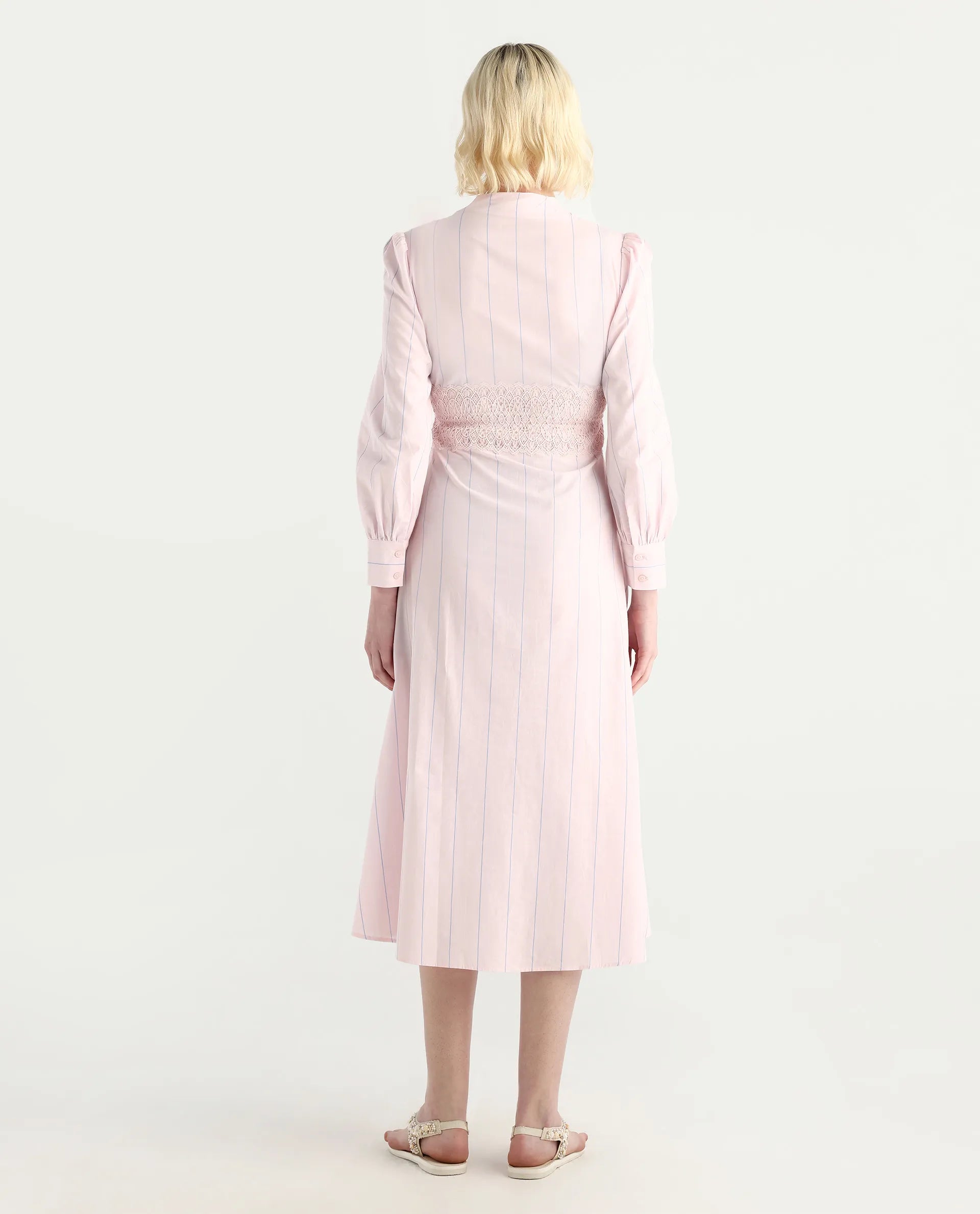 Rareism Women Juvo Pastel Pink Cotton Cuffed Sleeve Built-Up Collar A-Line Midi Striped Dress
