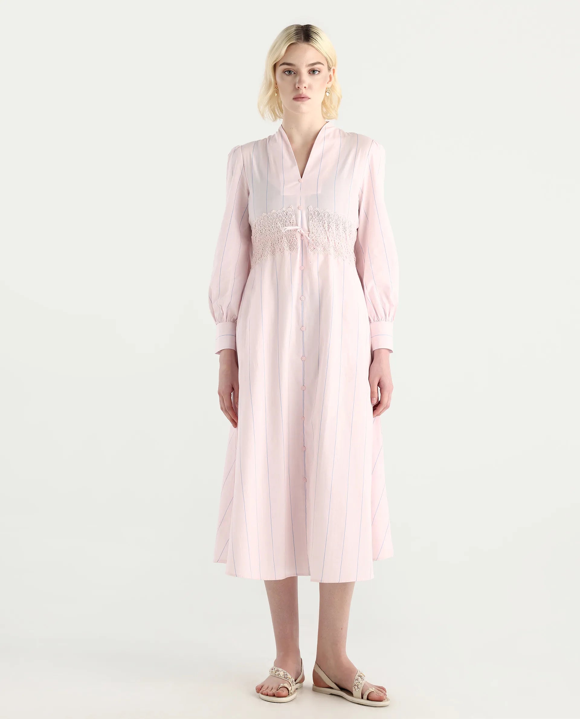 Rareism Women Juvo Pastel Pink Cotton Cuffed Sleeve Built-Up Collar A-Line Midi Striped Dress