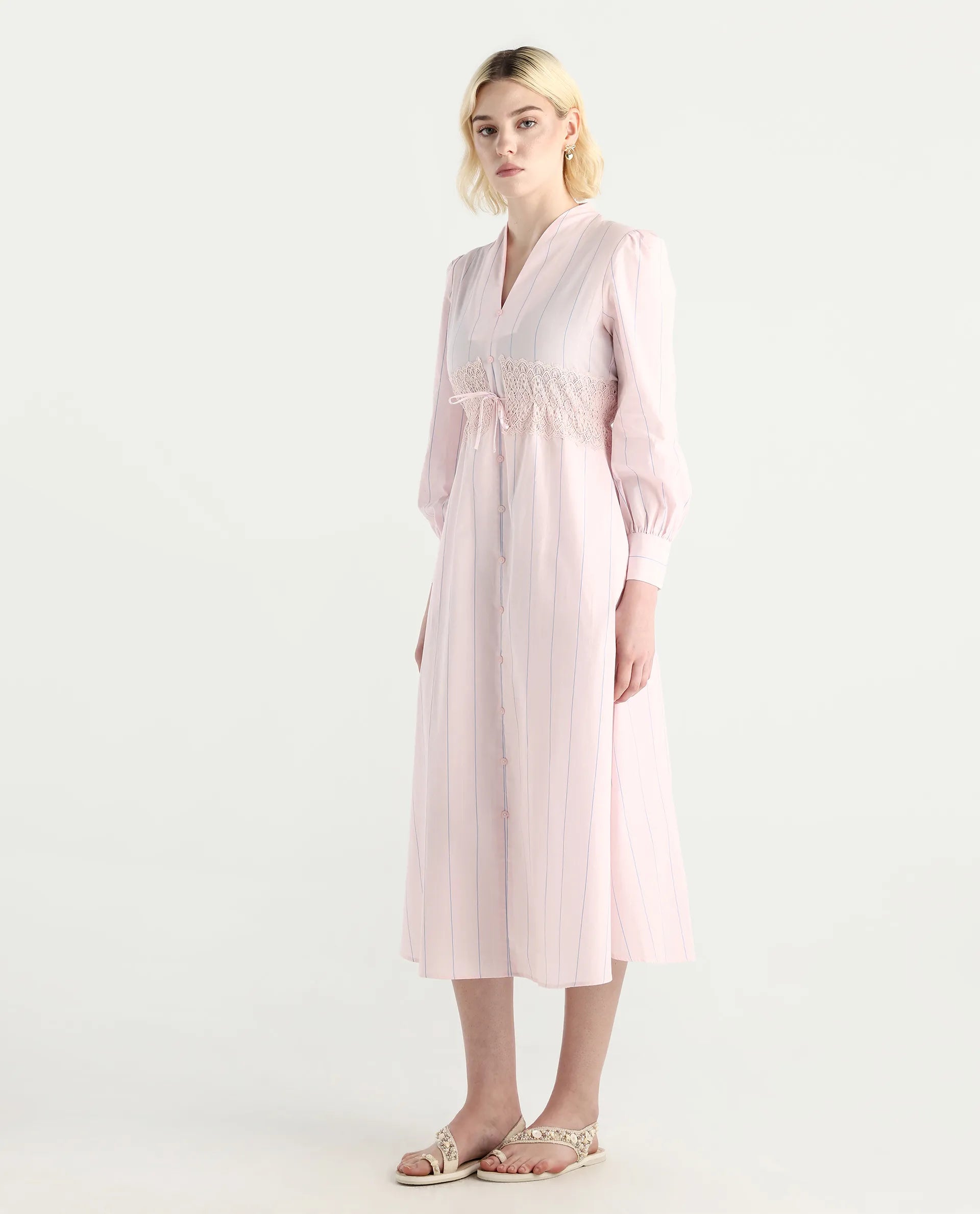 Rareism Women Juvo Pastel Pink Cotton Cuffed Sleeve Built-Up Collar A-Line Midi Striped Dress