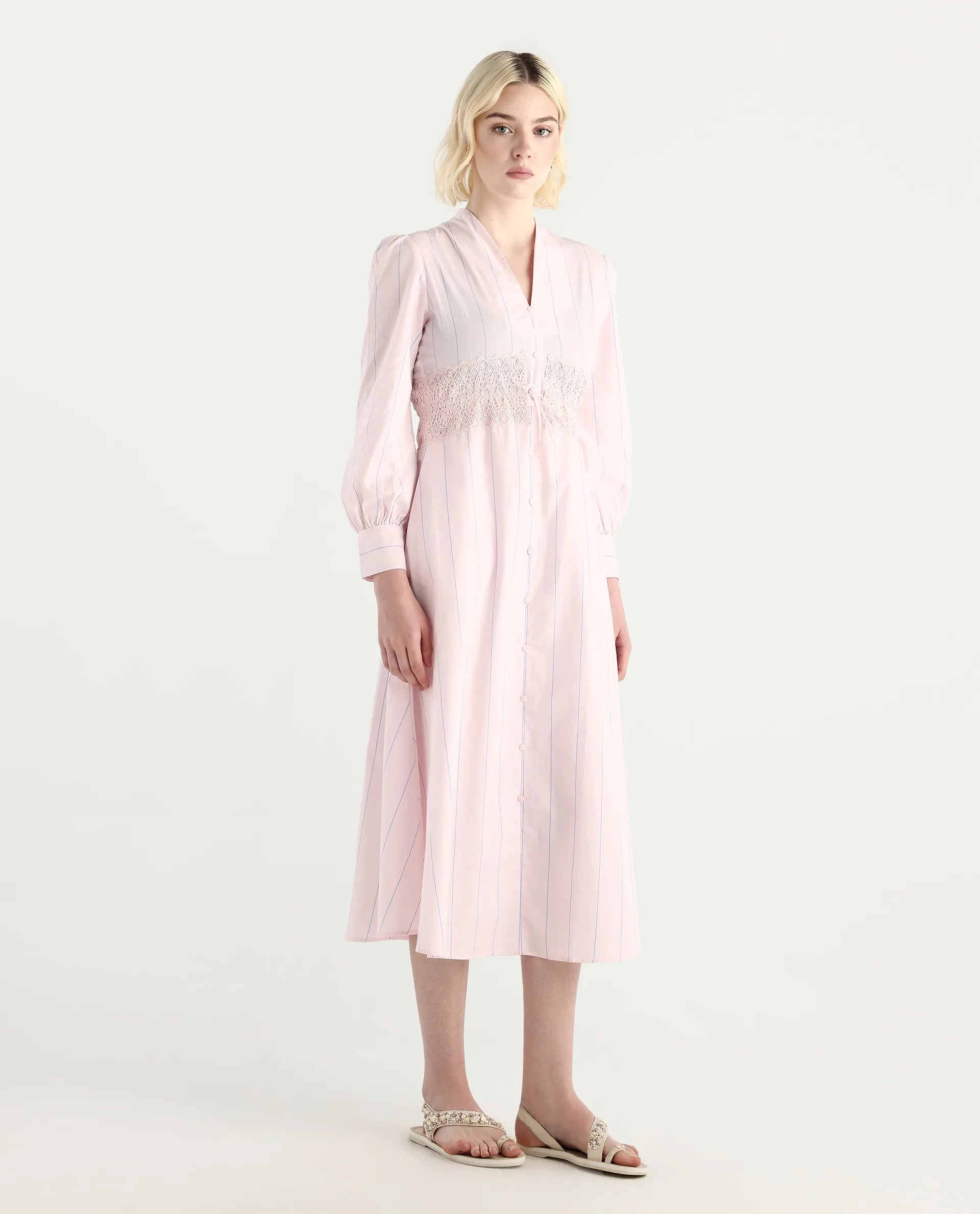Rareism Women Juvo Pastel Pink Cotton Cuffed Sleeve Built-Up Collar A-Line Midi Striped Dress