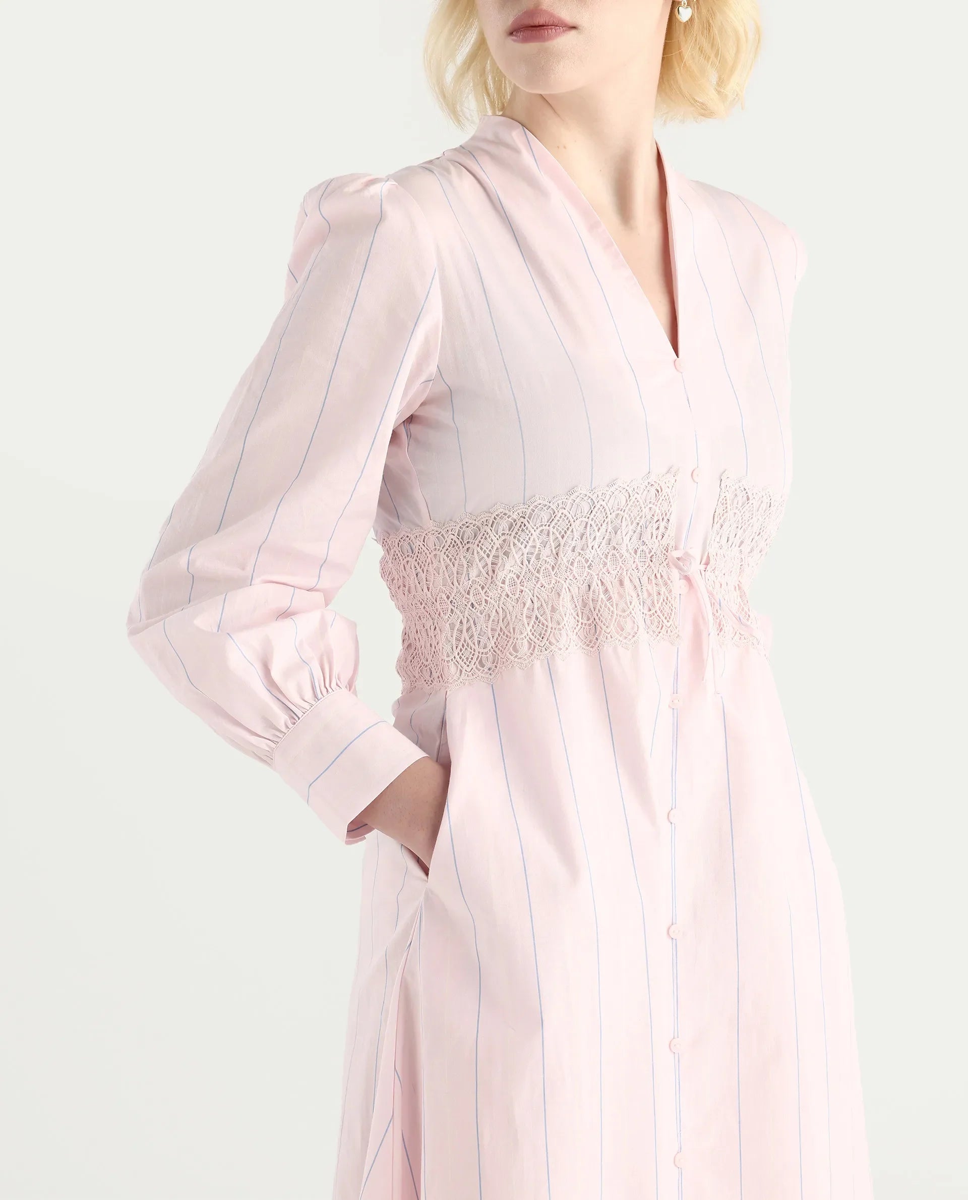 Rareism Women Juvo Pastel Pink Cotton Cuffed Sleeve Built-Up Collar A-Line Midi Striped Dress