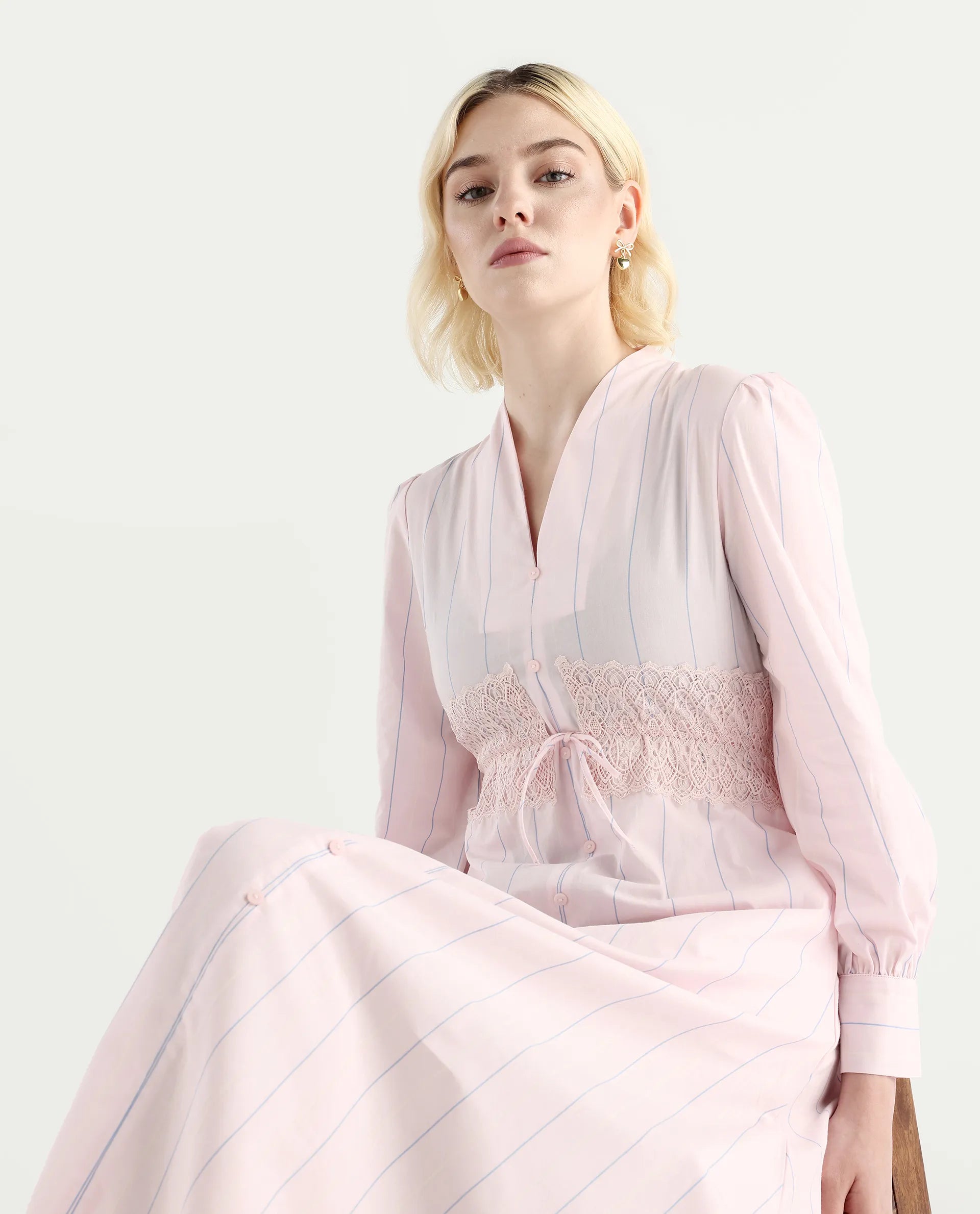 Rareism Women Juvo Pastel Pink Cotton Cuffed Sleeve Built-Up Collar A-Line Midi Striped Dress