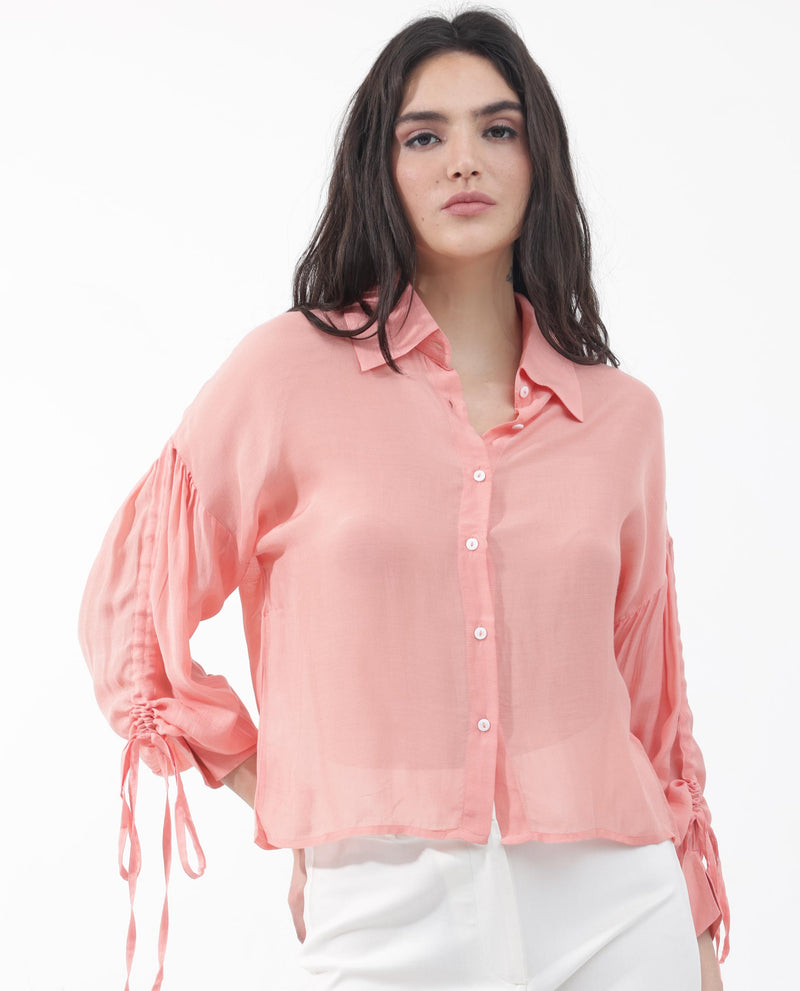 Rareism Women'S Collared Button-Down Top With Drawcord Sleeve Detail