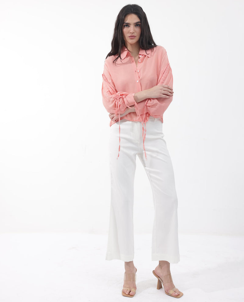 Rareism Women'S Collared Button-Down Top With Drawcord Sleeve Detail