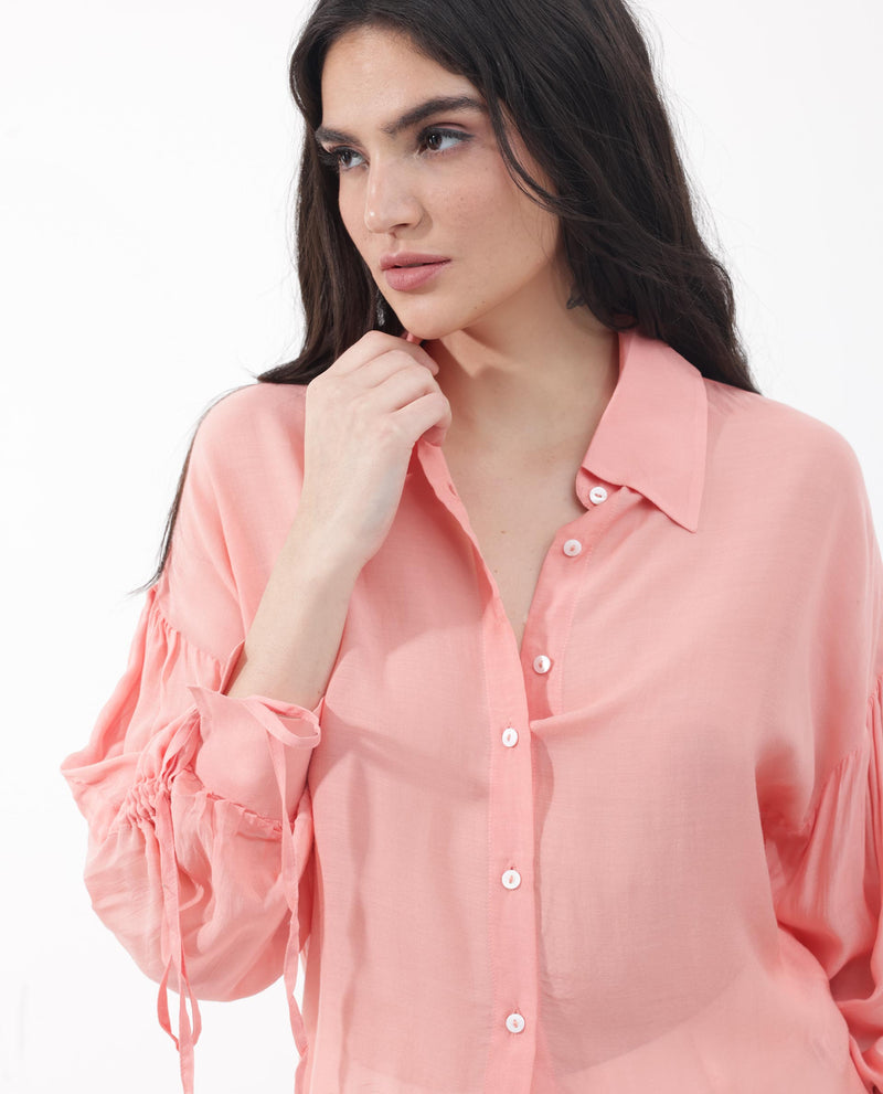 Rareism Women'S Collared Button-Down Top With Drawcord Sleeve Detail