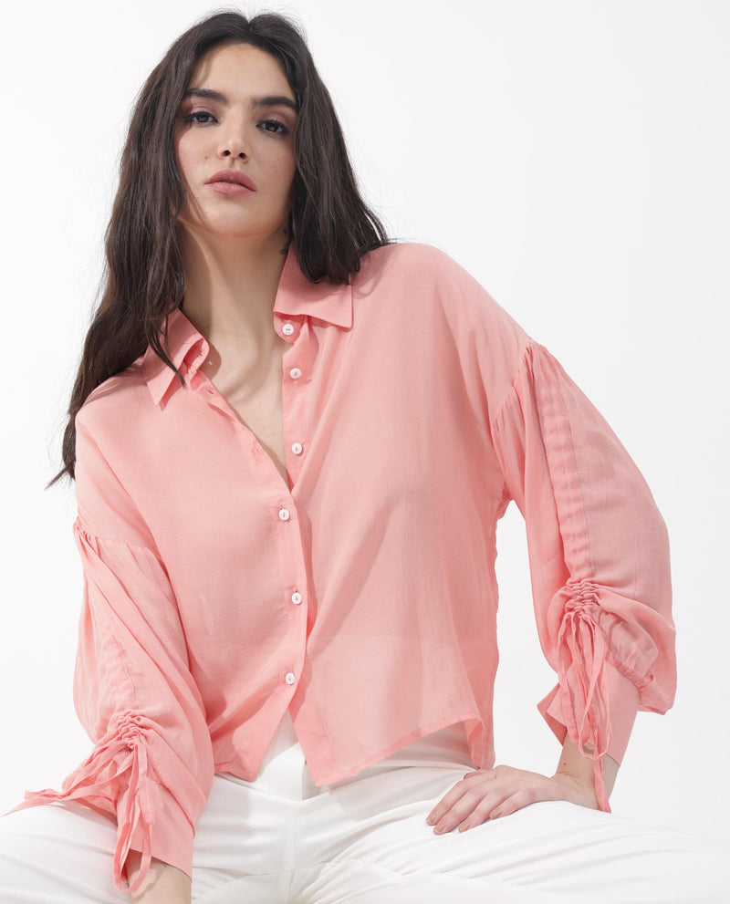 Rareism Women'S Collared Button-Down Top With Drawcord Sleeve Detail