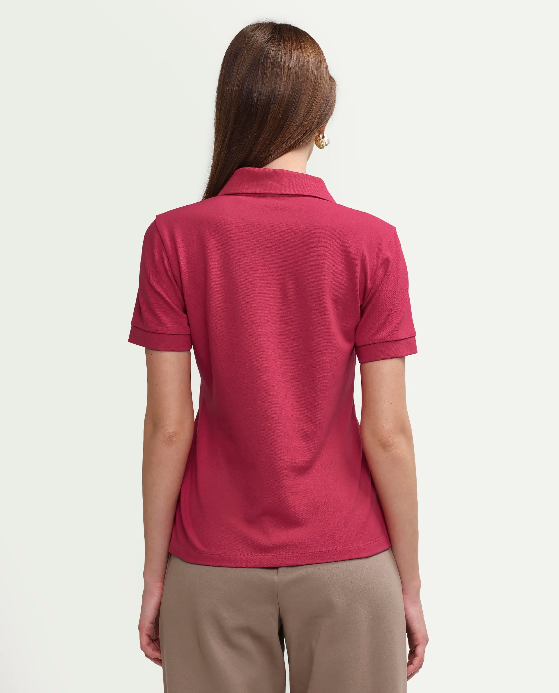 Rareism Women's Zavin Dark Pink Cotton Blend Polo Neck Plain Regular Fit Polo