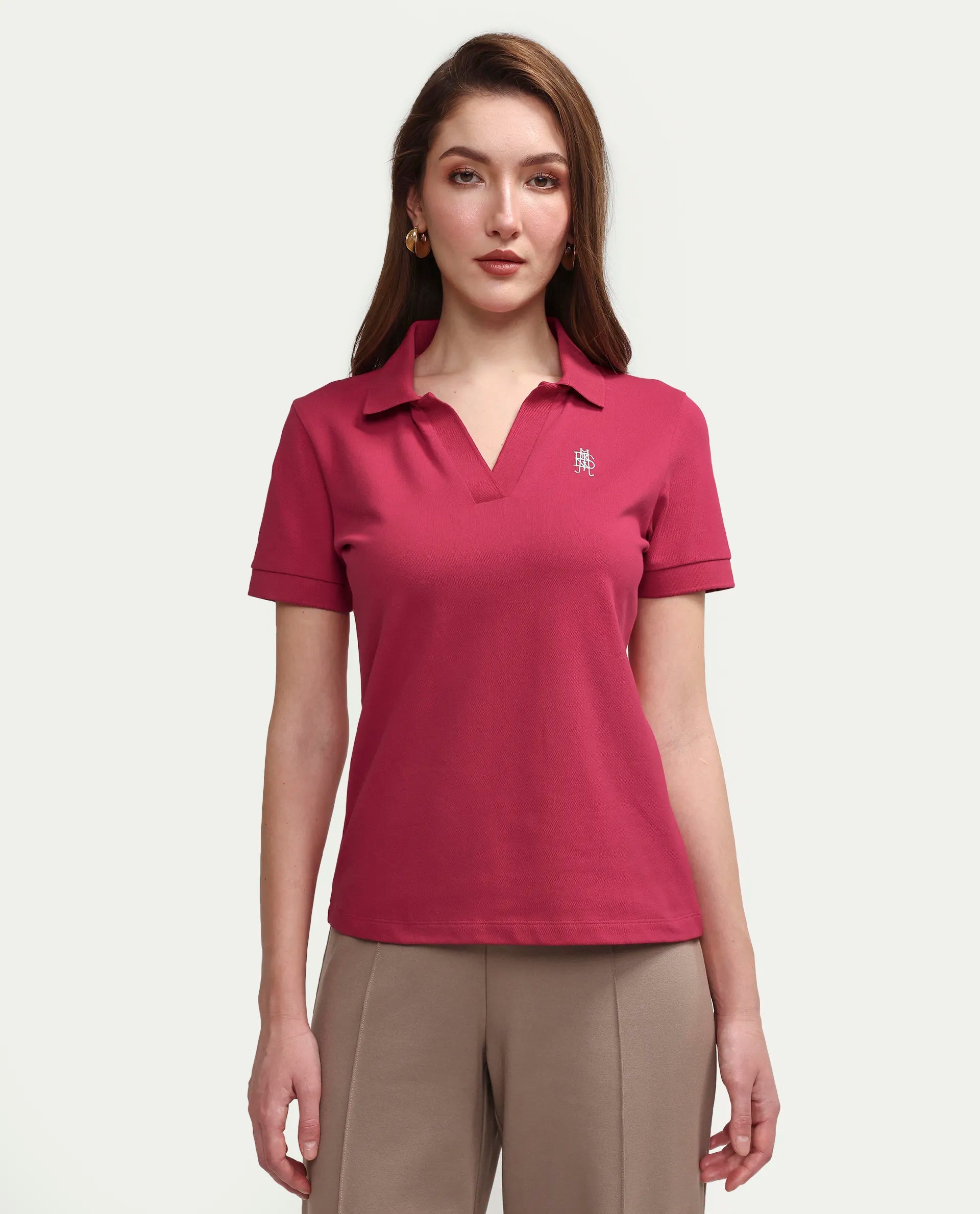 Rareism Women's Zavin Dark Pink Cotton Blend Polo Neck Plain Regular Fit Polo