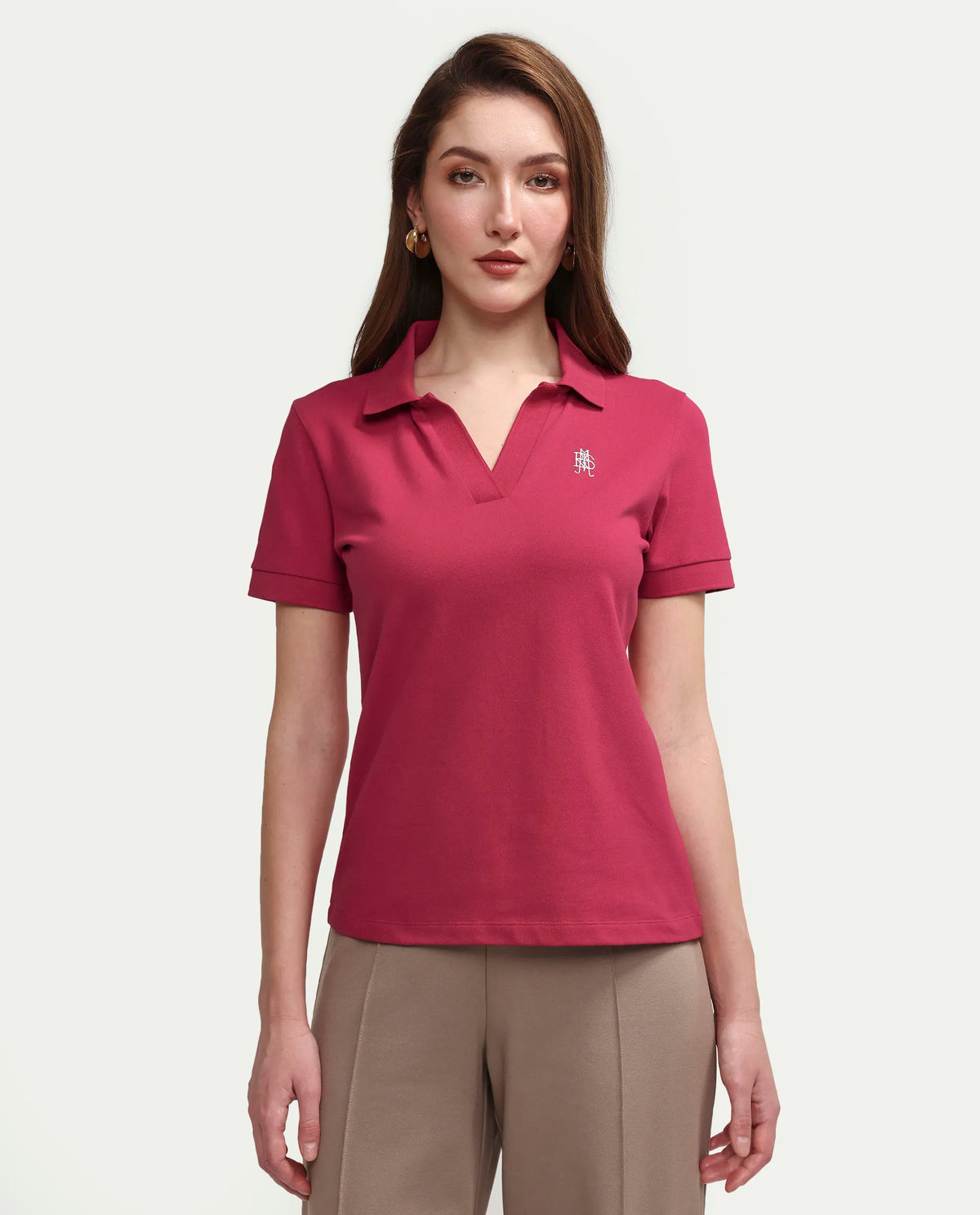 Rareism Women's Zavin Dark Pink Cotton Blend Polo Neck Plain Regular Fit Polo