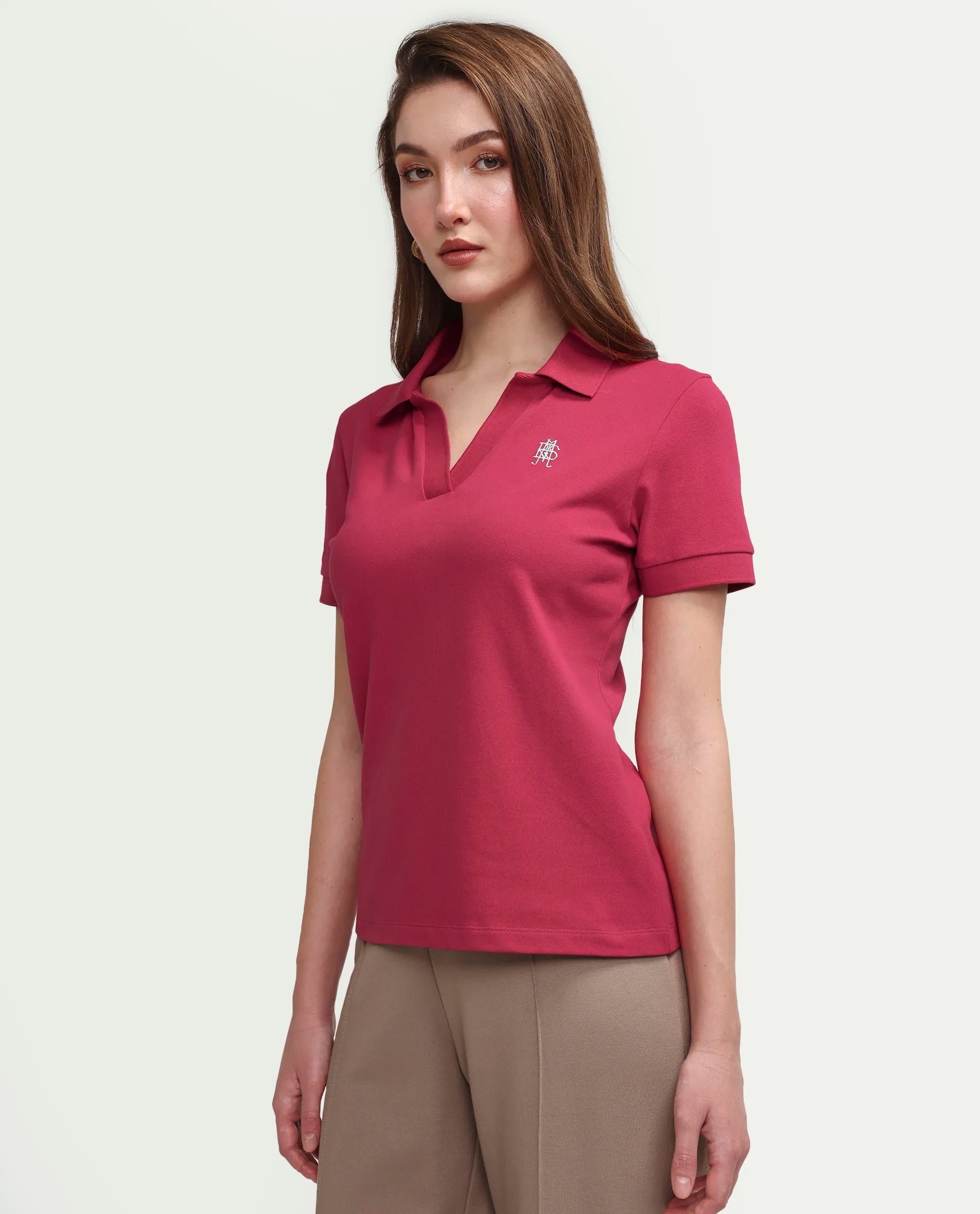 Rareism Women's Zavin Dark Pink Cotton Blend Polo Neck Plain Regular Fit Polo