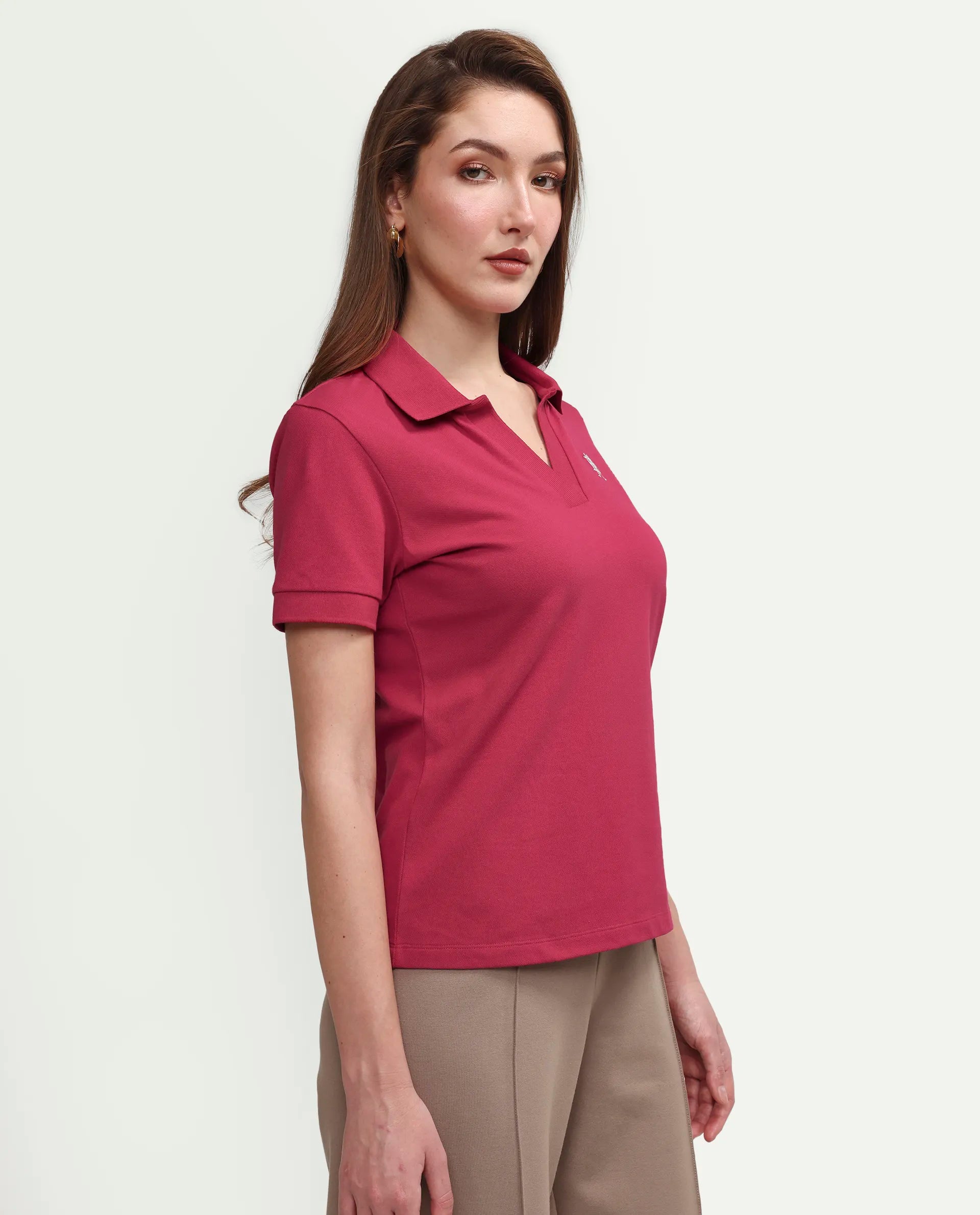 Rareism Women's Zavin Dark Pink Cotton Blend Polo Neck Plain Regular Fit Polo