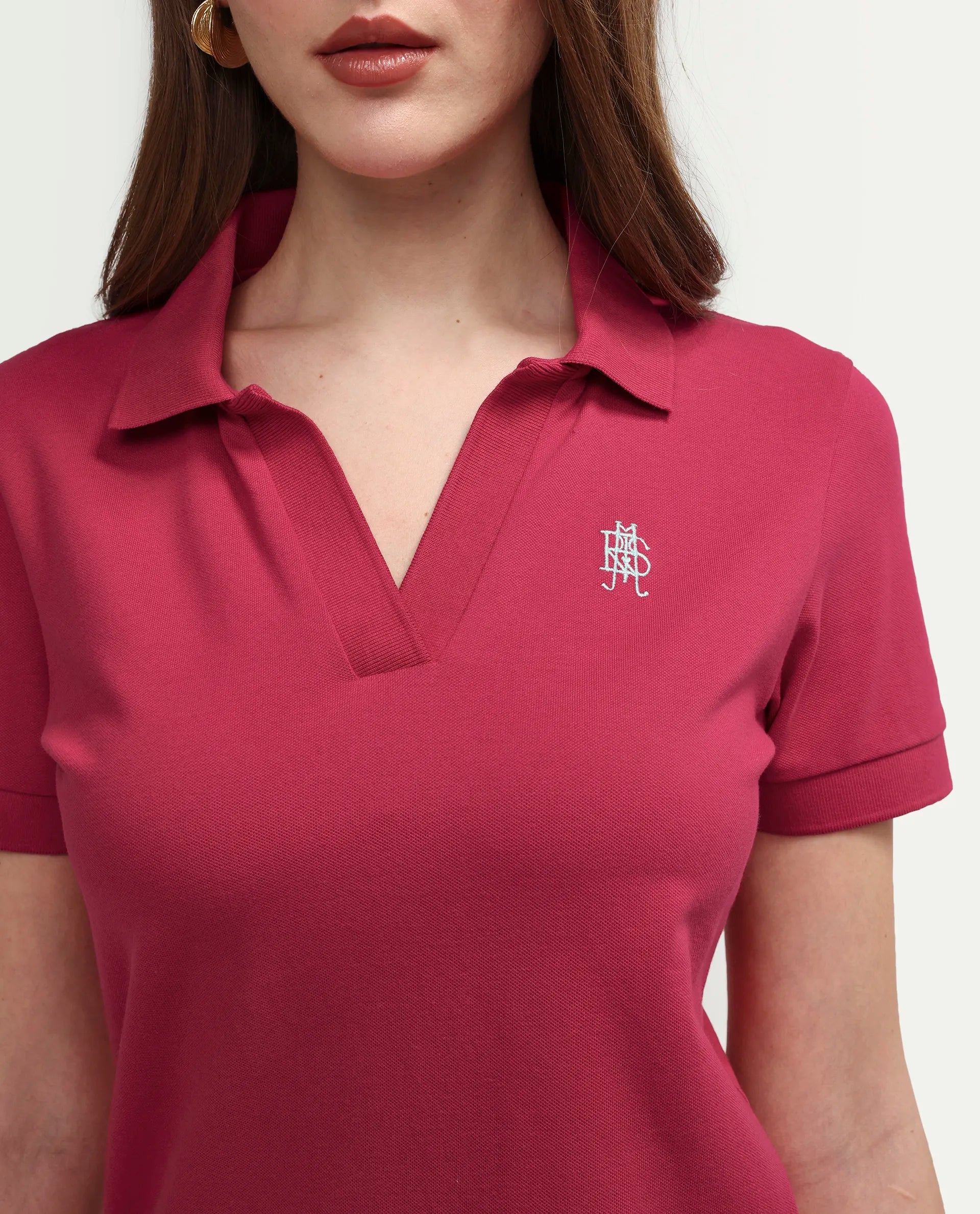 Rareism Women's Zavin Dark Pink Cotton Blend Polo Neck Plain Regular Fit Polo
