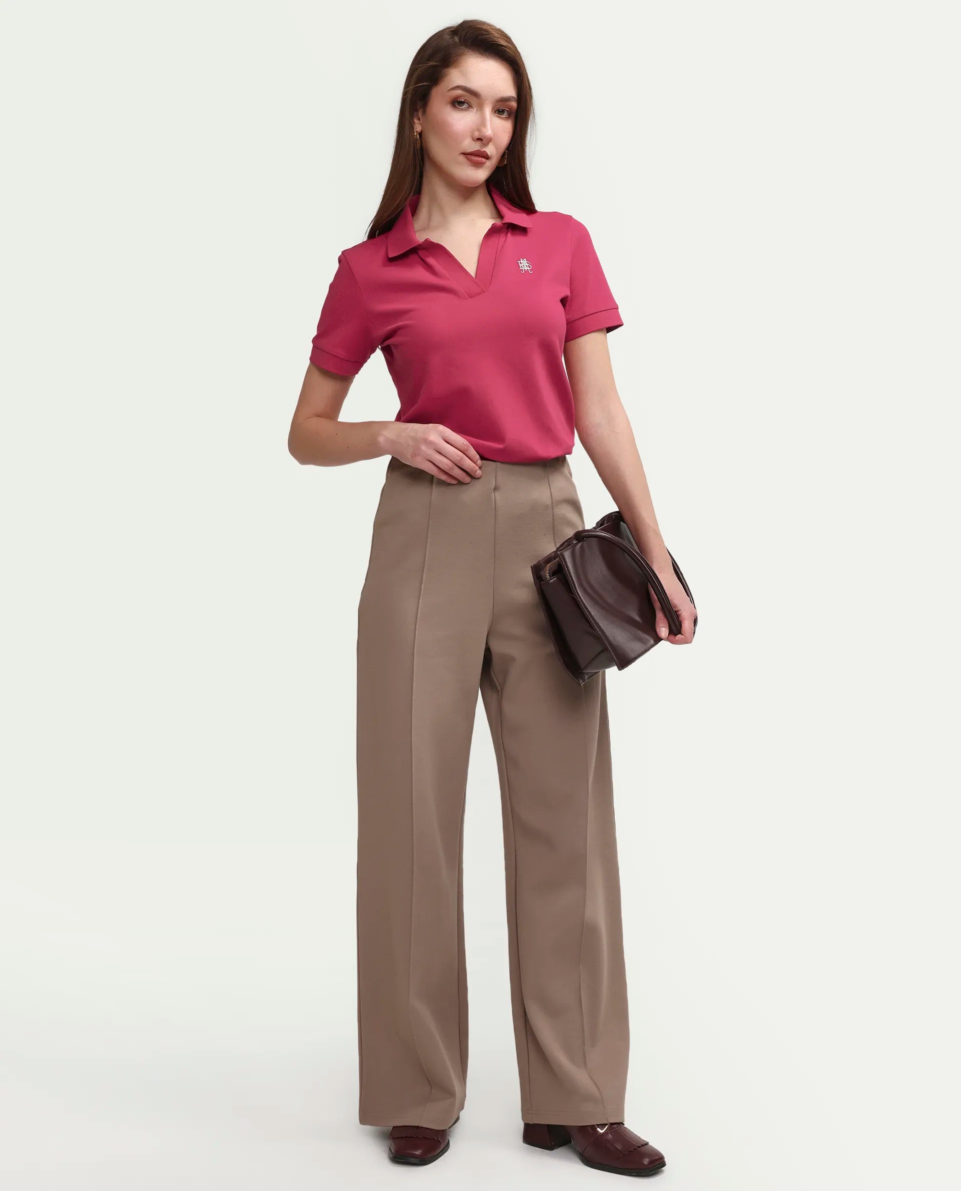 Rareism Women's Zavin Dark Pink Cotton Blend Polo Neck Plain Regular Fit Polo