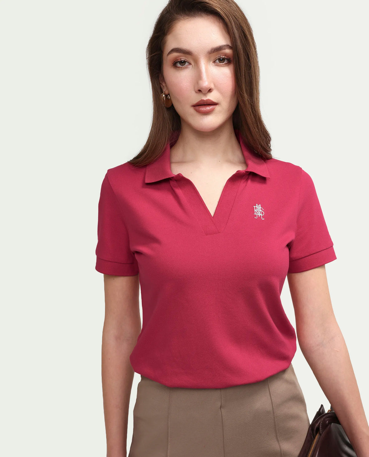 Rareism Women's Zavin Dark Pink Cotton Blend Polo Neck Plain Regular Fit Polo
