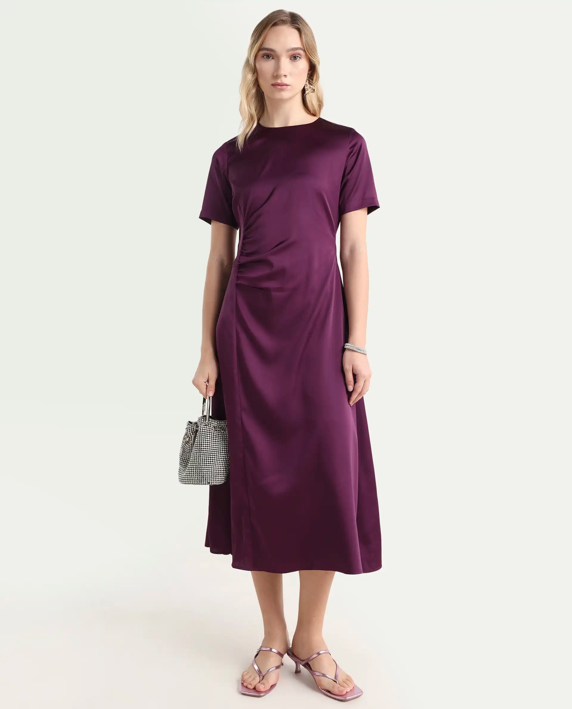 Rareism Women's Jendro Maroon Polyester Fit & Flare Midi Dress