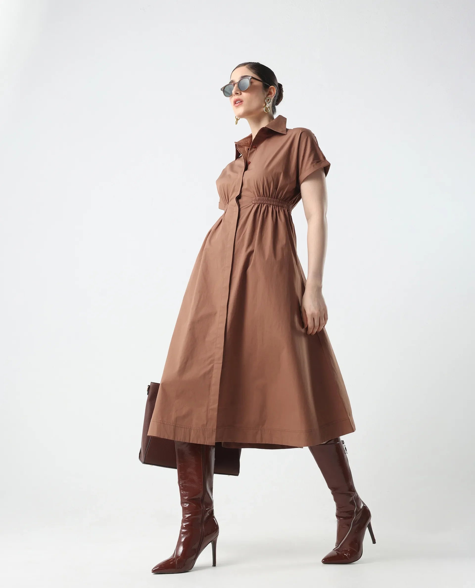 Rareism Women's Julu Light Brown Cotton Collared Neck Fit And Flare Plain Dress