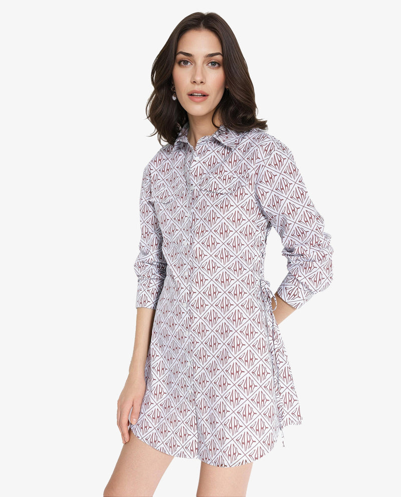 Rareism Women Kacie Blue Cuffed Sleeve Collared Neck Button Closure A-Line Mini Monogram Print Dress