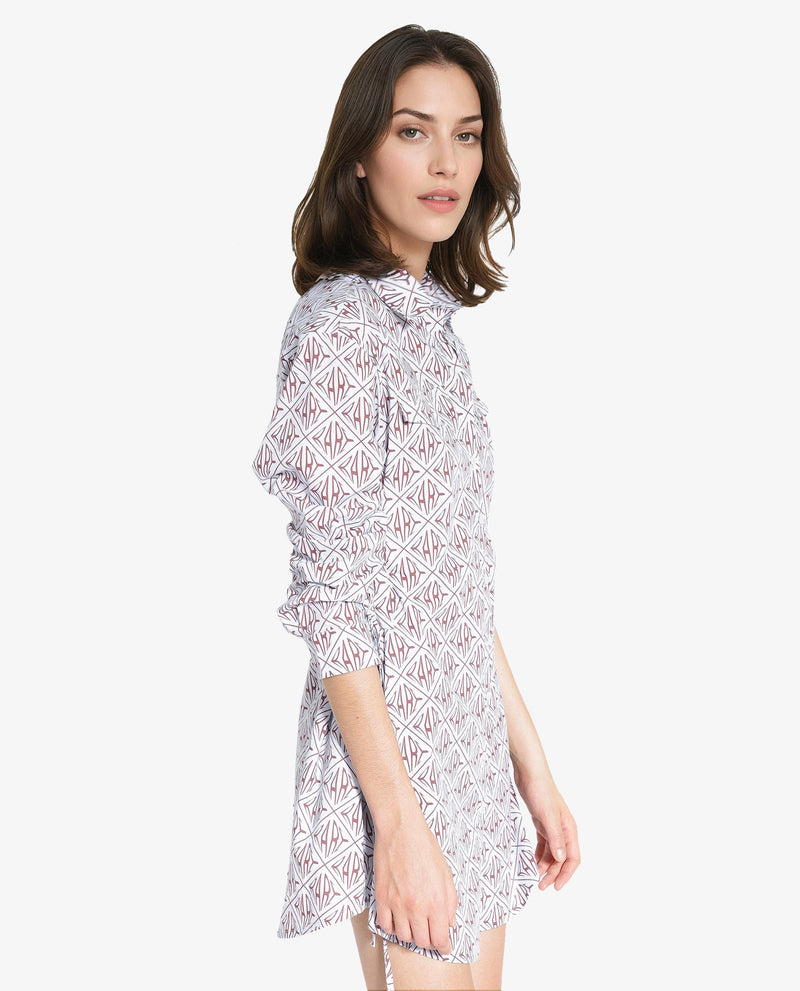 Rareism Women Kacie Blue Cuffed Sleeve Collared Neck Button Closure A-Line Mini Monogram Print Dress