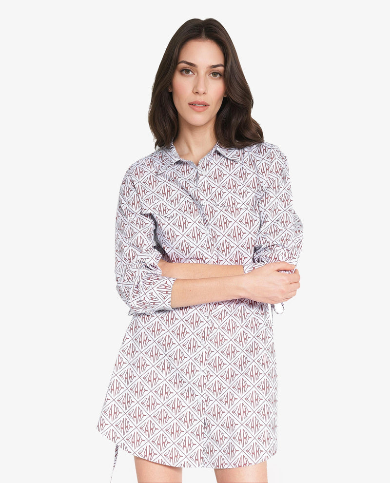 Rareism Women Kacie Blue Cuffed Sleeve Collared Neck Button Closure A-Line Mini Monogram Print Dress