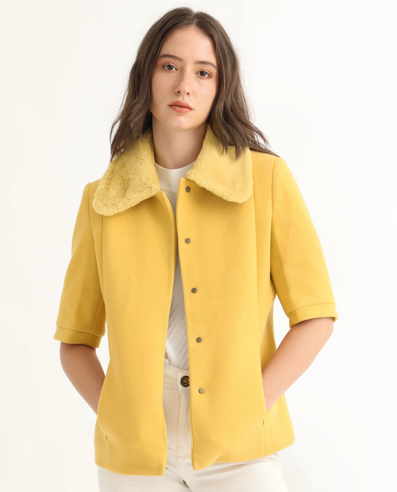 Rareism Women Kaise Yellow Polyester Fabric Short Sleeves Button Closure Shirt Collar Bell Sleeve Regular Fit Plain Jacket