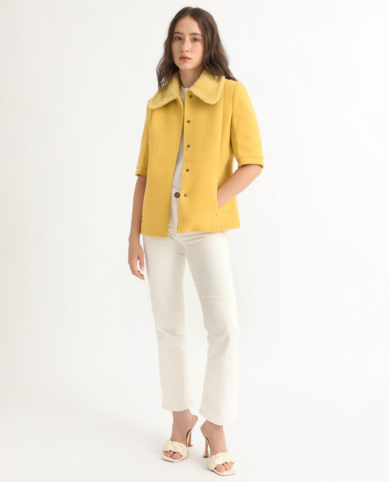 Rareism Women Kaise Yellow Polyester Fabric Short Sleeves Button Closure Shirt Collar Bell Sleeve Regular Fit Plain Jacket