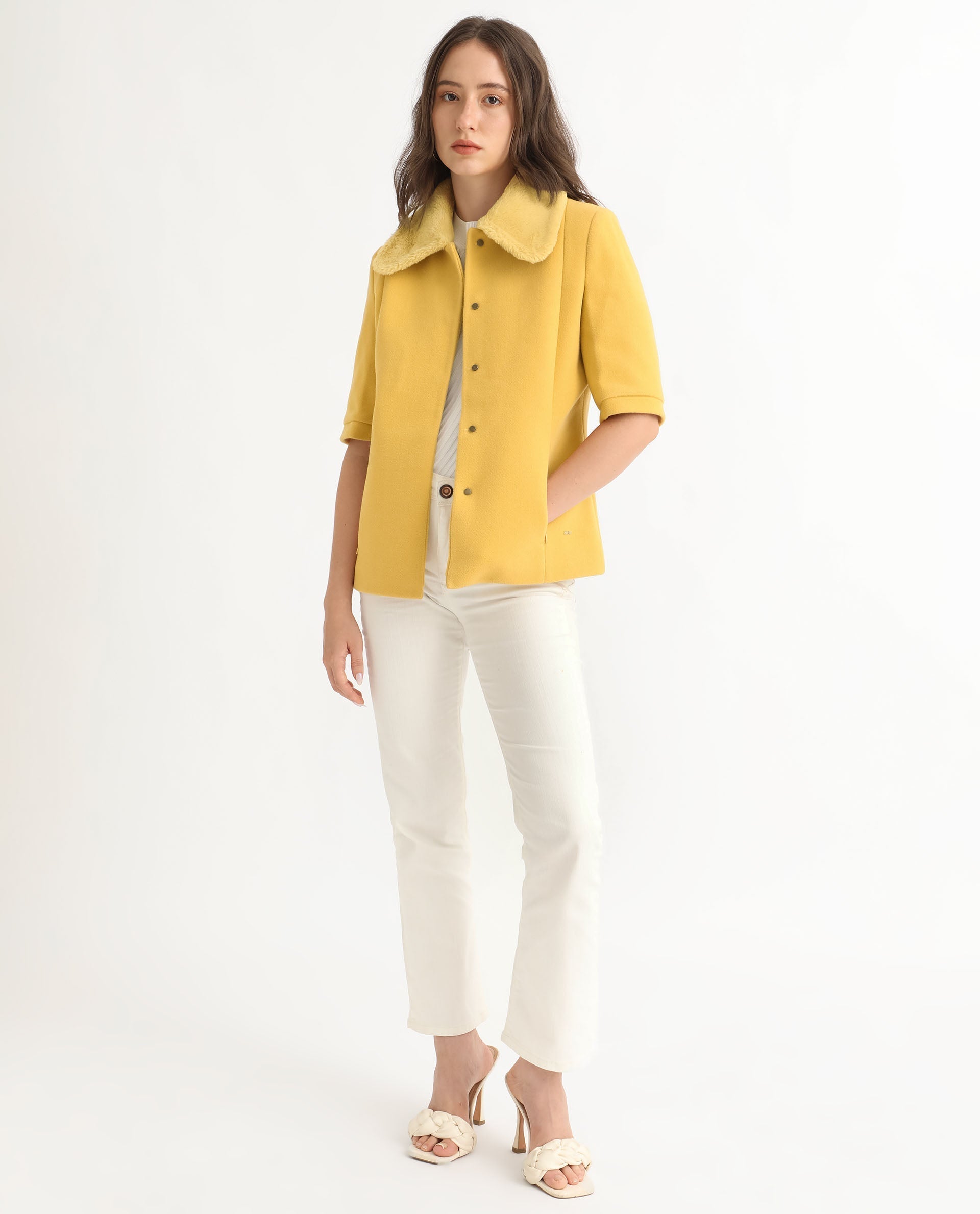 Rareism Women's Kaise Yellow Polyester Spread Collar Plain Bell Sleeve Regular Fit Jacket