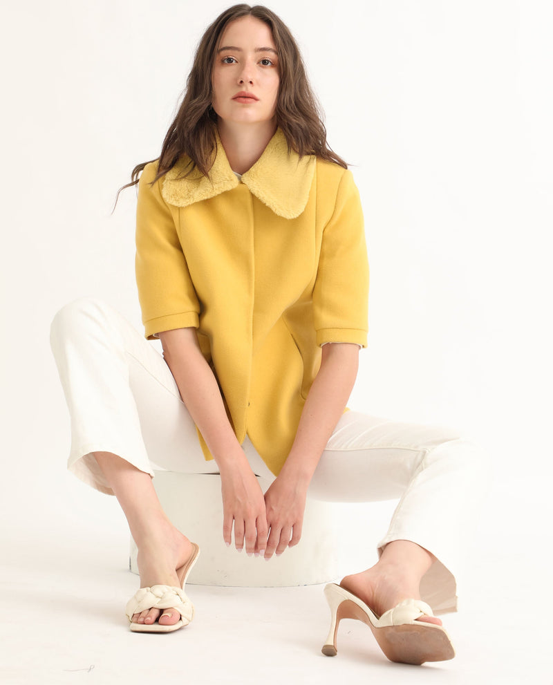 Rareism Women Kaise Yellow Polyester Fabric Short Sleeves Button Closure Shirt Collar Bell Sleeve Regular Fit Plain Jacket