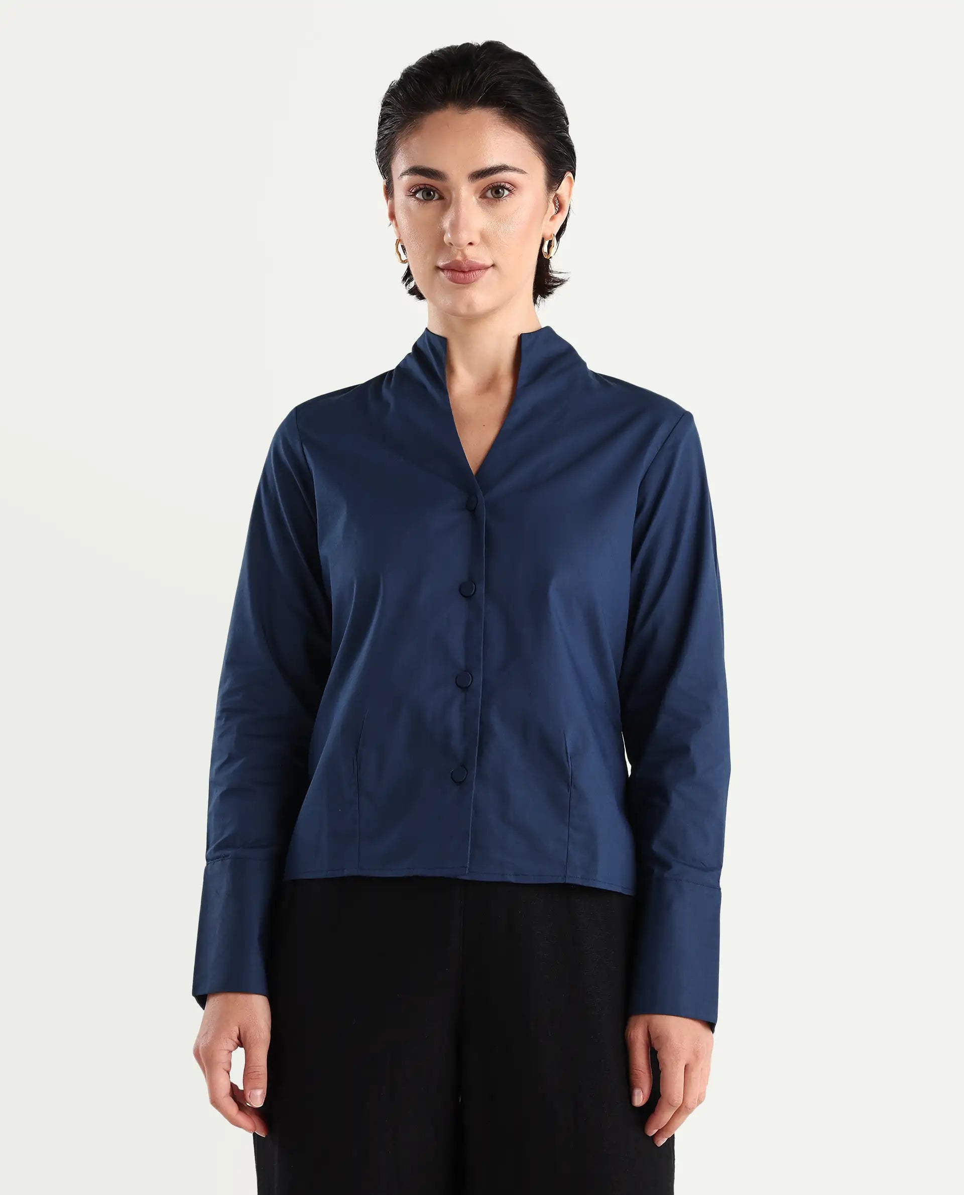 Rareism Women's Kaldo Light Navy Cotton Blend High Neck Plain Crop Regular Fit Top