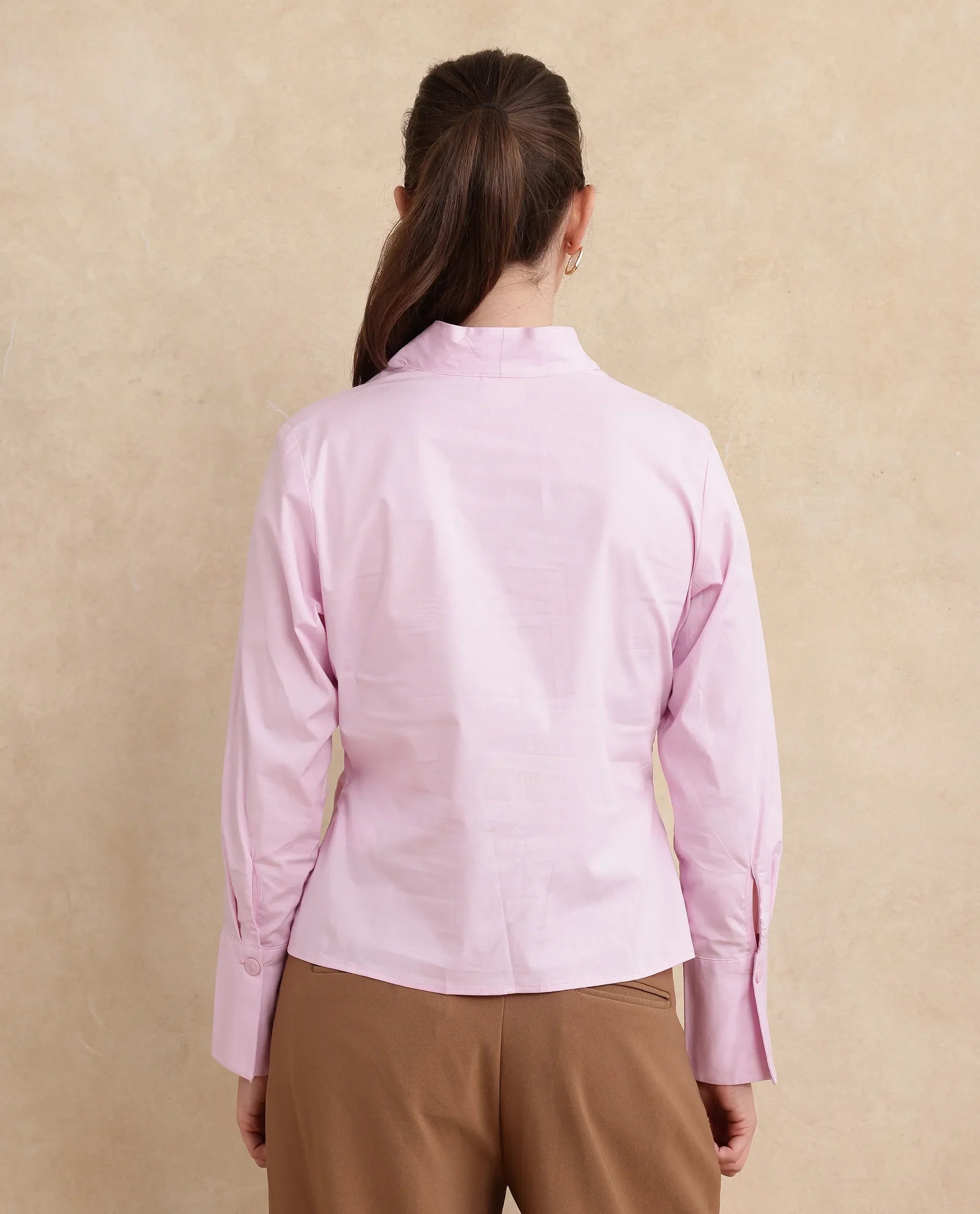 Rareism Women's Kaldo Light Pink Cotton High Neck Plain Crop Regular Fit Shirt