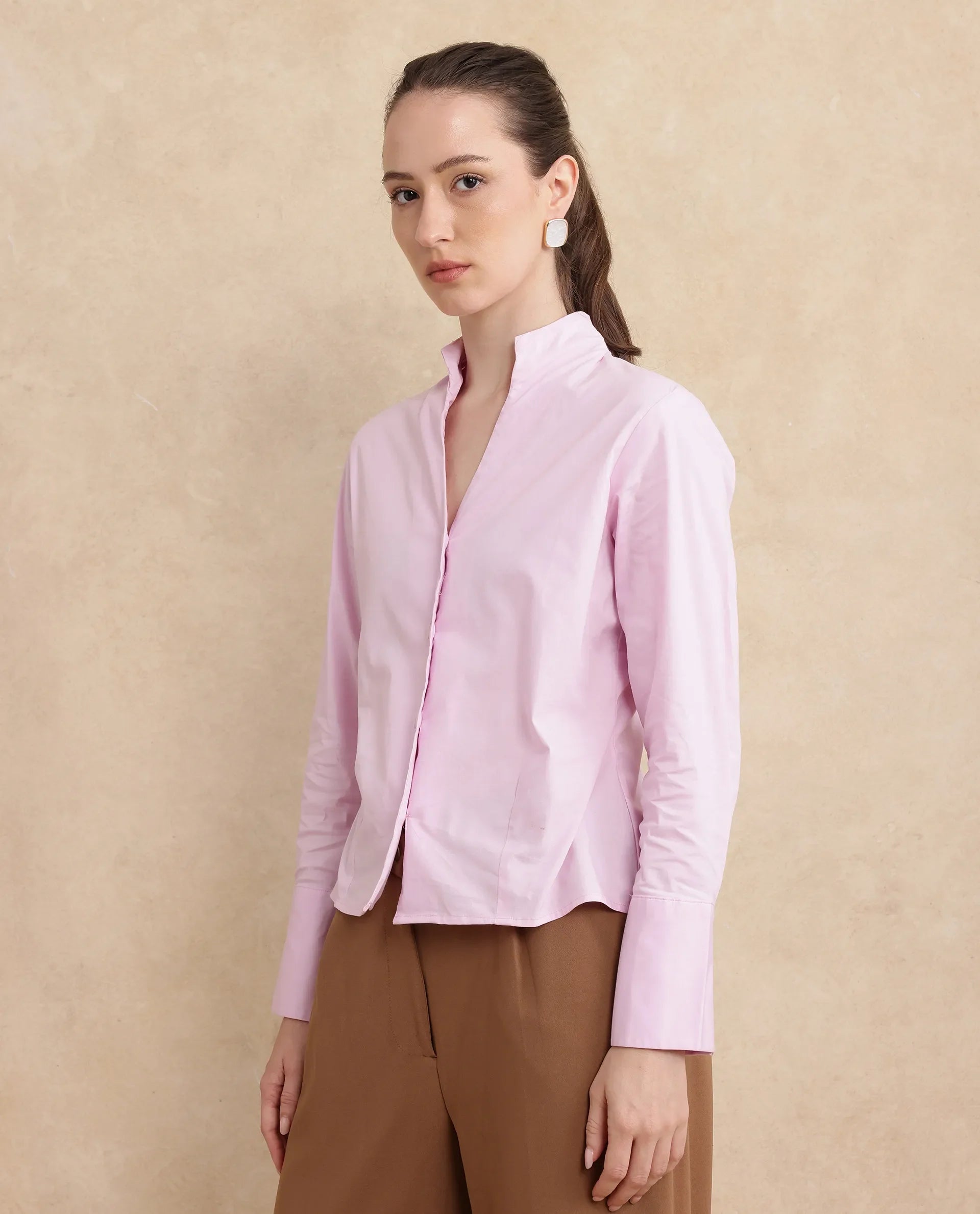 Rareism Women's Kaldo Light Pink Cotton High Neck Plain Crop Regular Fit Shirt