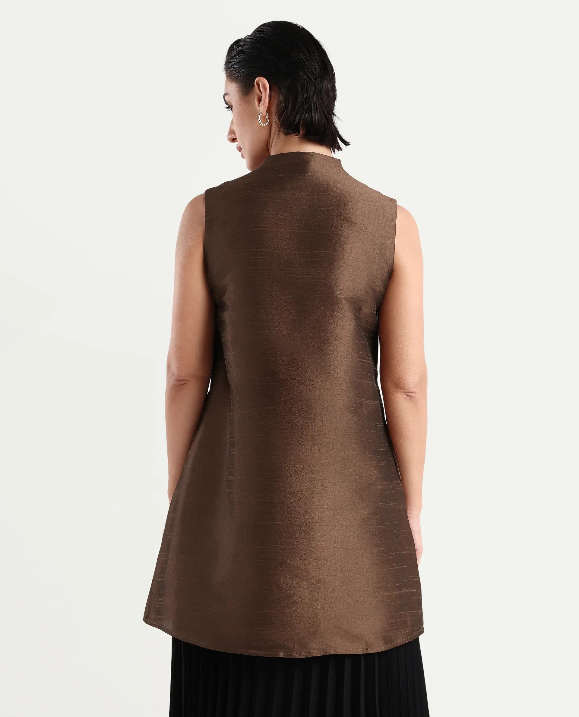 Rareism Women's Kamla Dark Brown Silk V-Neck Plain Sleeveless Knee Length Regular Fit Top