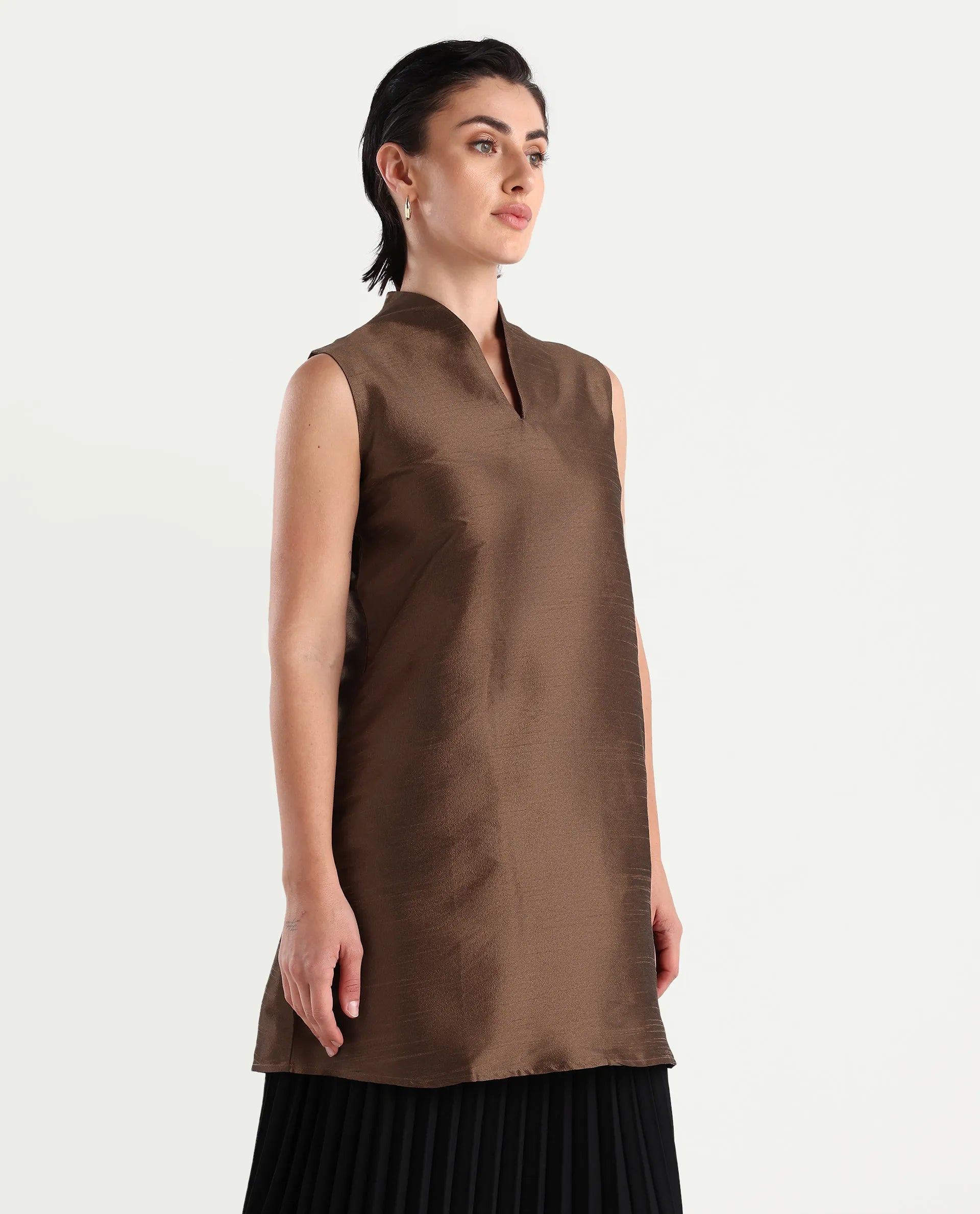 Rareism Women's Kamla Dark Brown Silk V-Neck Plain Sleeveless Knee Length Regular Fit Top
