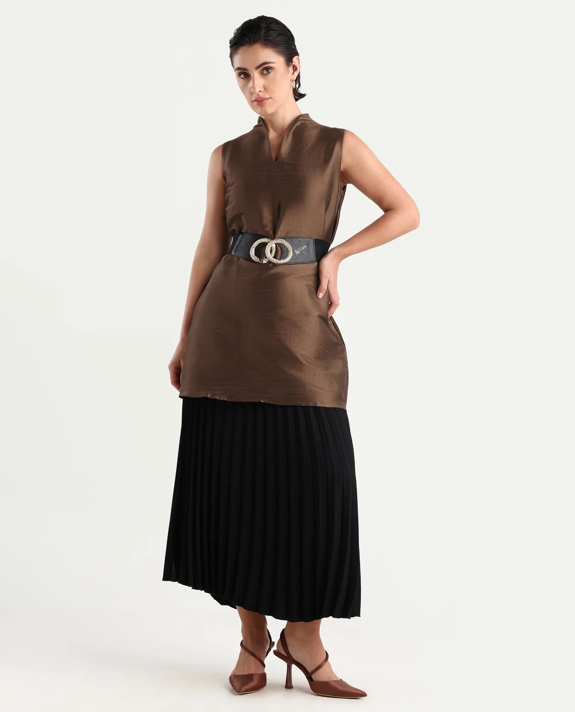 Rareism Women's Kamla Dark Brown Silk V-Neck Plain Sleeveless Knee Length Regular Fit Top