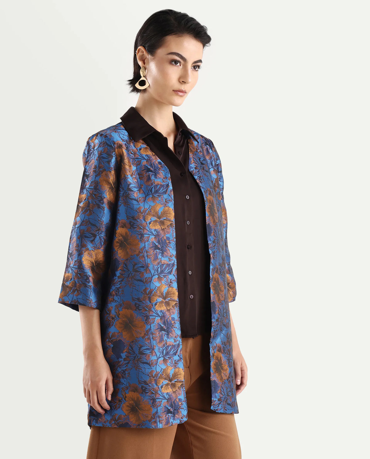 Rareism Women's Kamlay Multi Polyester Blend Collarless Jacquard Knee Length Regular Fit Jacket