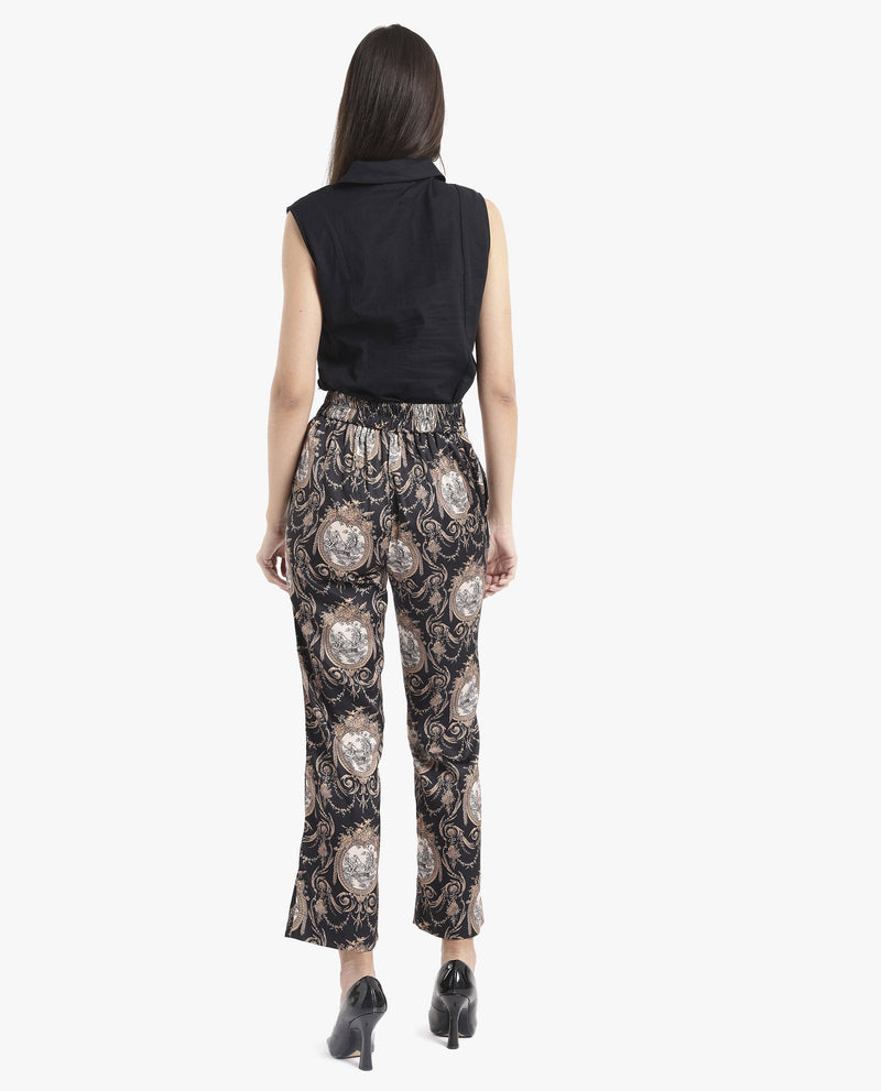 Rareism Women Kanama-B Black Tie Up Straight Fit Ornamental Print Ankle Length Trouser