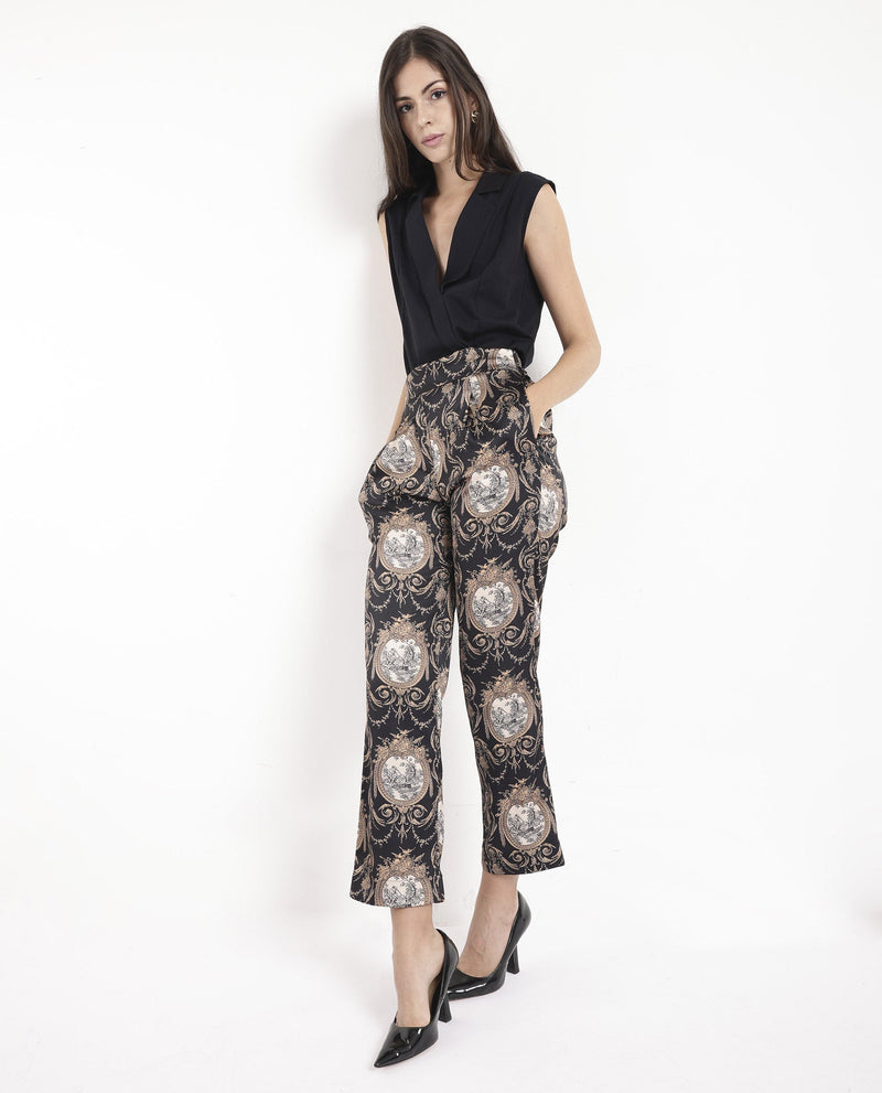 Rareism Women Kanama-B Black Tie Up Straight Fit Ornamental Print Ankle Length Trouser