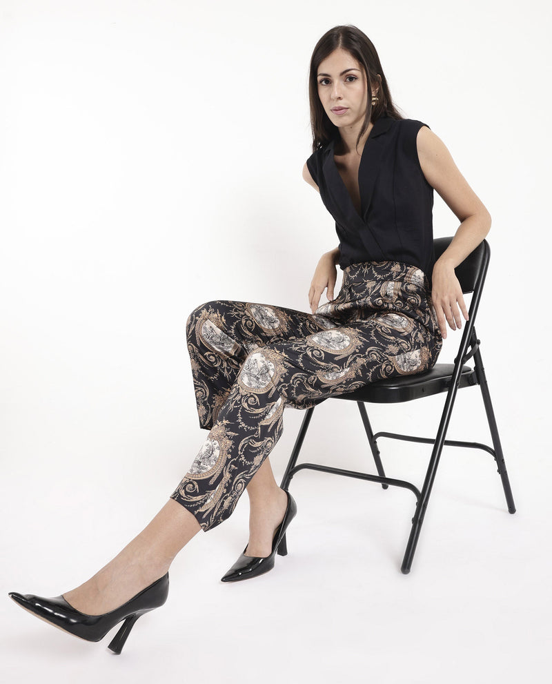 Rareism Women Kanama-B Black Tie Up Straight Fit Ornamental Print Ankle Length Trouser