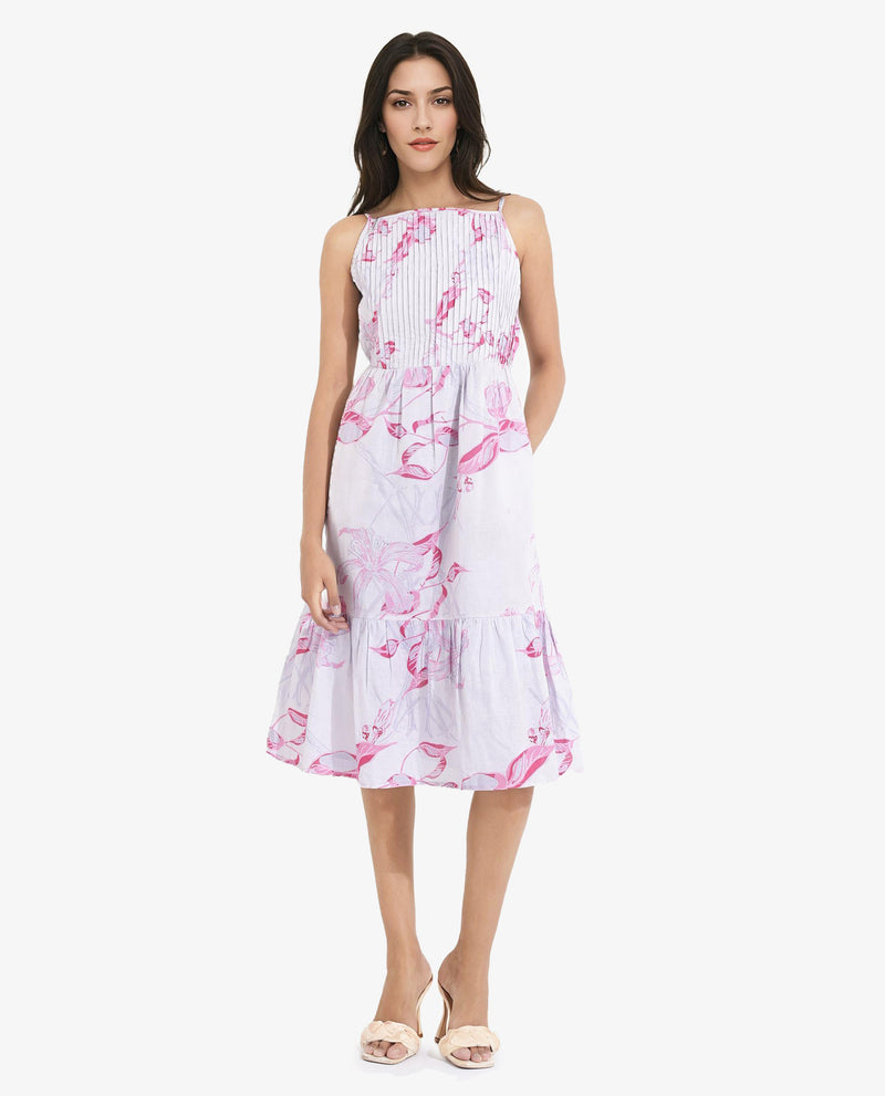 Rareism Women Kanora Dusky Purple Sleeveless Shoulder Straps  Fit And Flare Midi Floral Print Dress