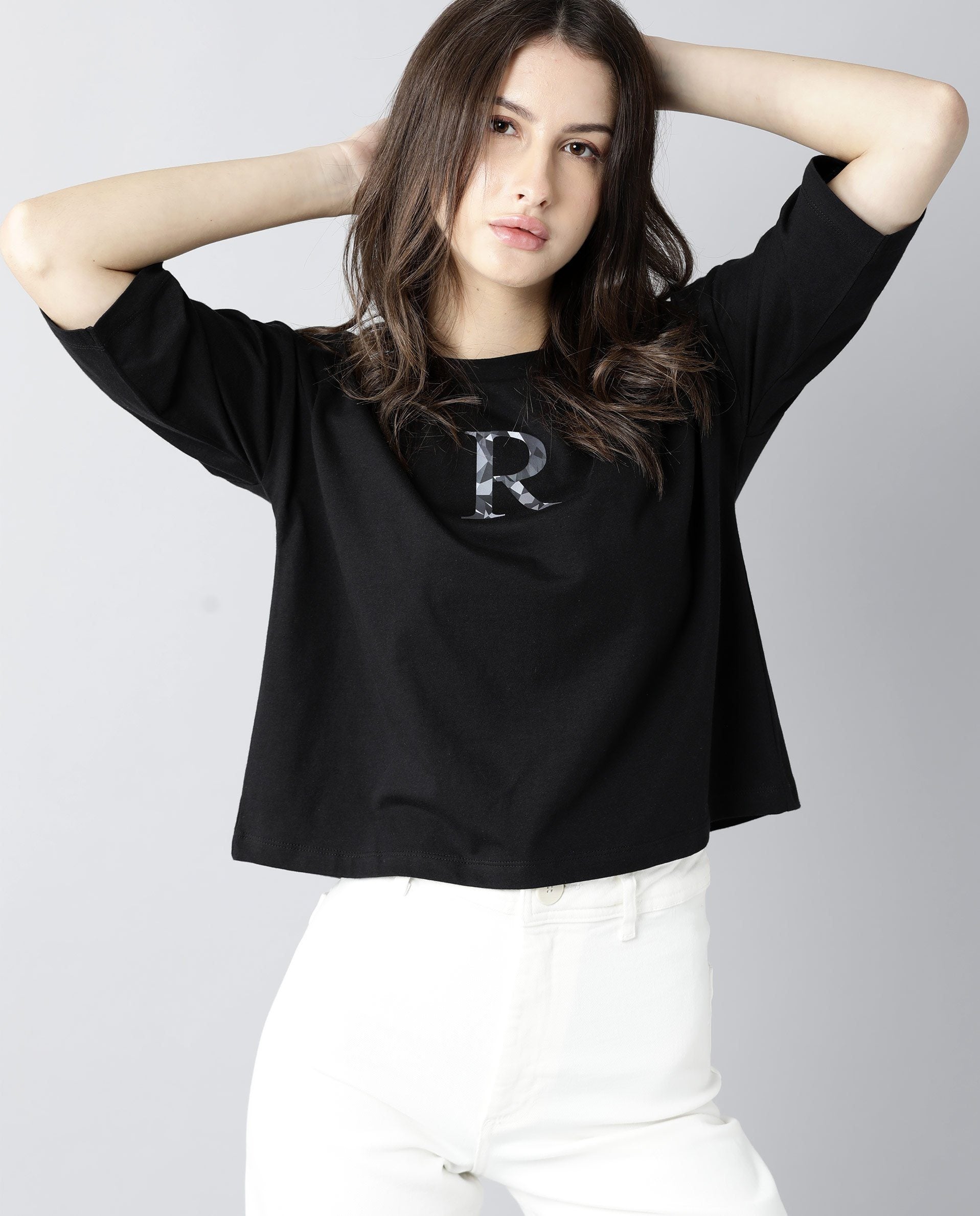 Rareism Womens Kaput Black T-Shirt Crew Neck Cotton Nylon Fabric Regular Fit Round Neck