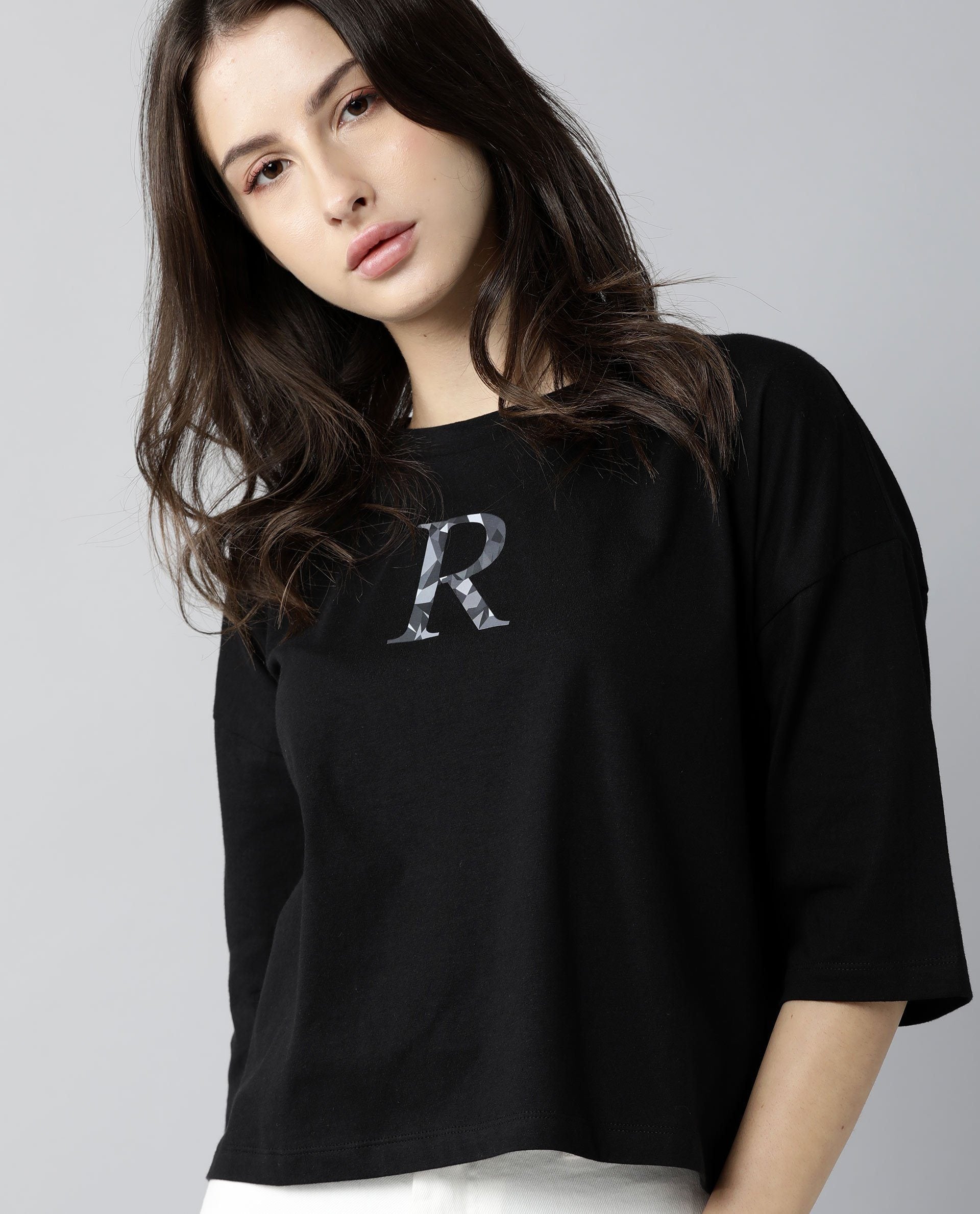 Rareism Womens Kaput Black T-Shirt Crew Neck Cotton Nylon Fabric Regular Fit Round Neck