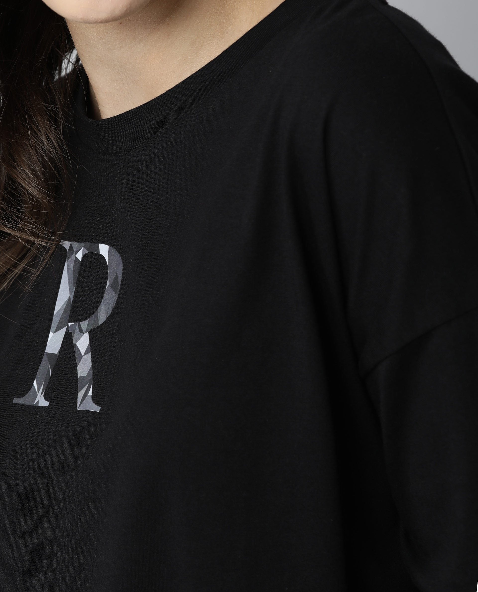 Rareism Womens Kaput Black T-Shirt Crew Neck Cotton Nylon Fabric Regular Fit Round Neck