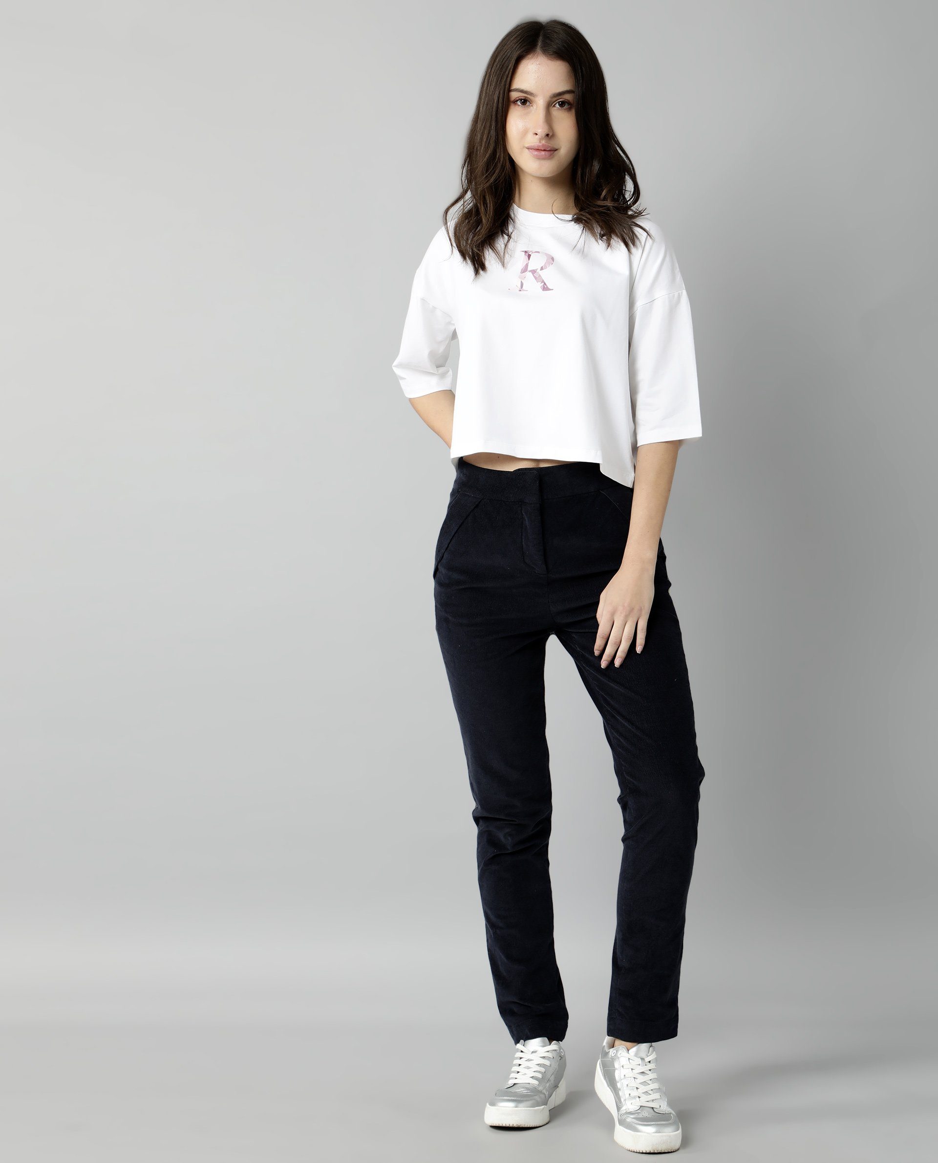 Rareism Womens Kaput White T-Shirt Crew Neck Cotton Nylon Fabric Regular Fit Round Neck